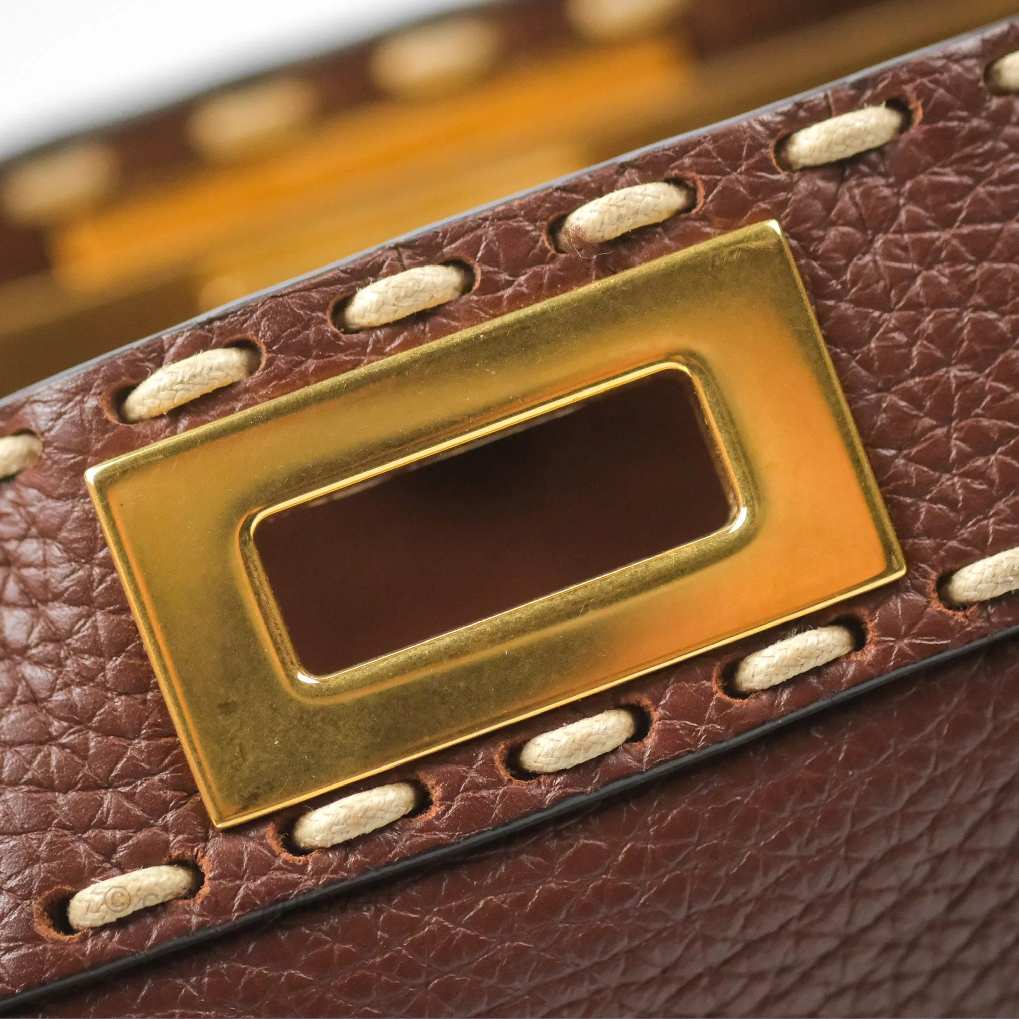 Fendi Peekaboo Iseeu Contrast Stitch Brick Brown Grained Leather Gold Hardware