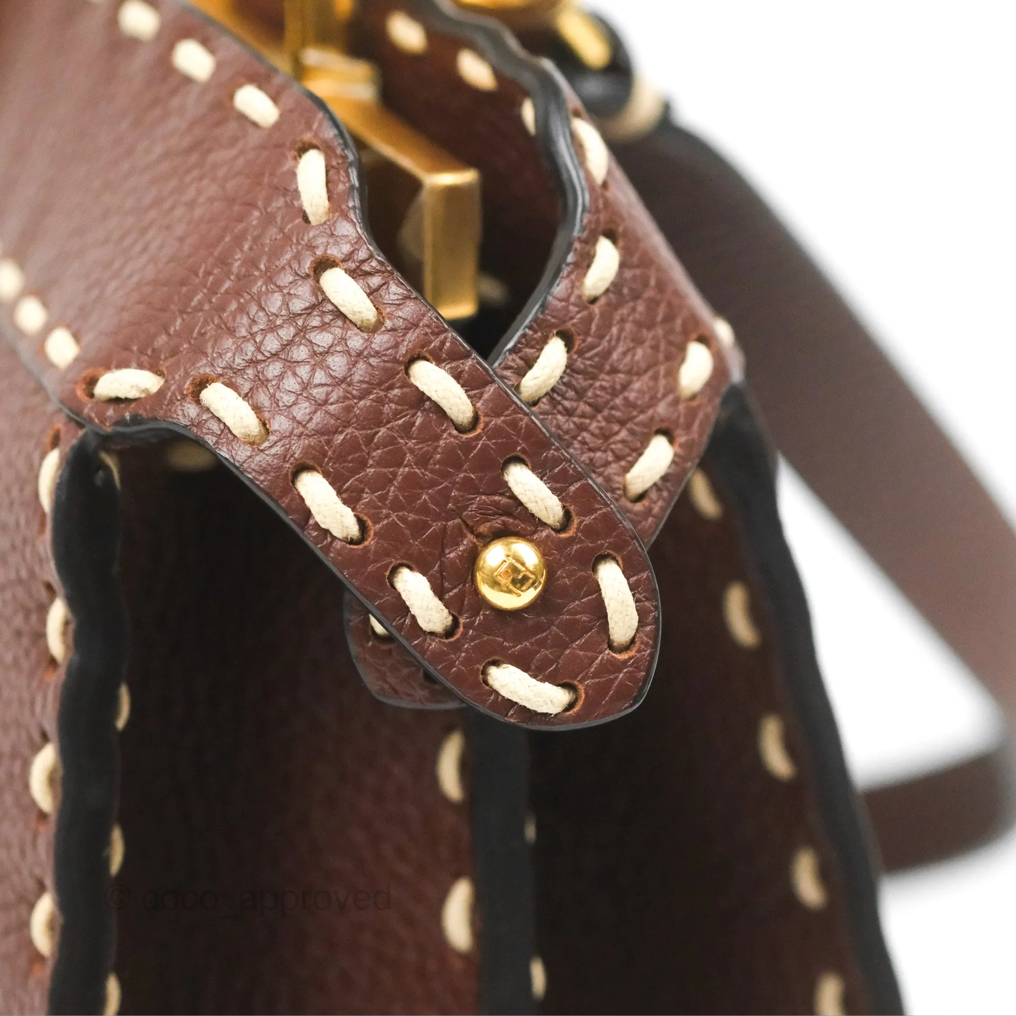 Fendi Peekaboo Iseeu Contrast Stitch Brick Brown Grained Leather Gold Hardware