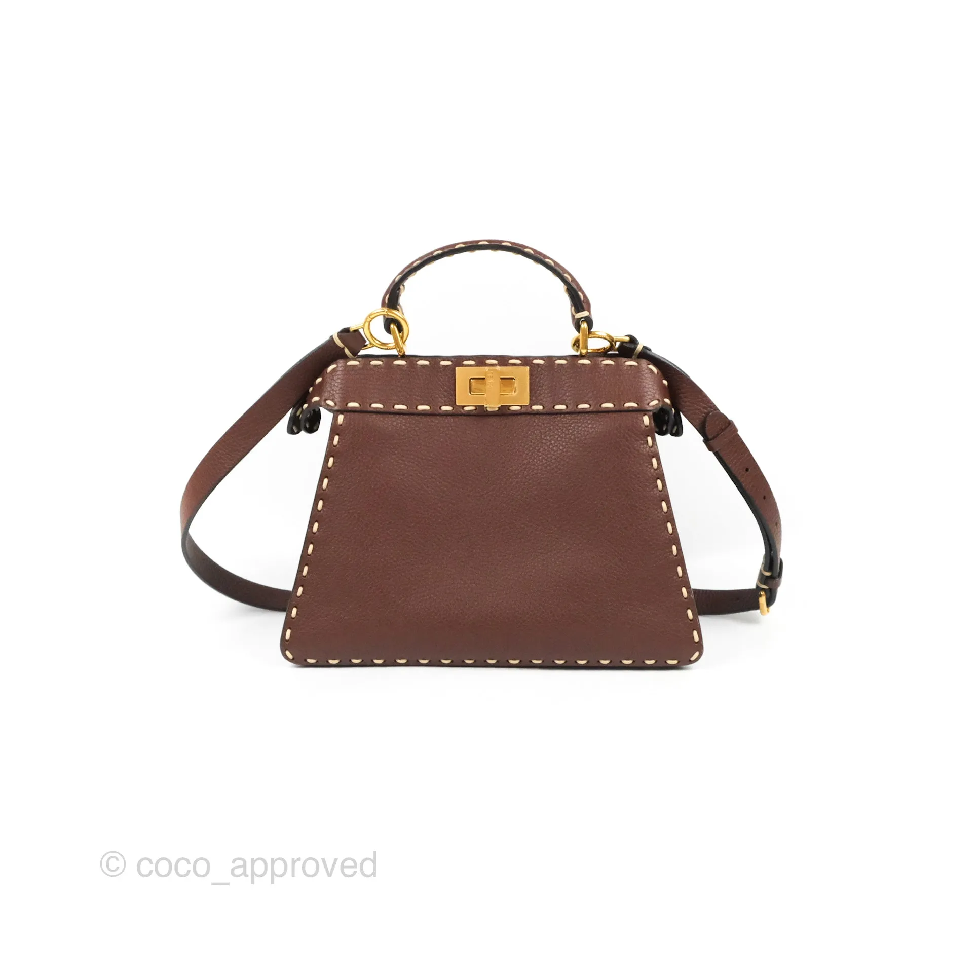 Fendi Peekaboo Iseeu Contrast Stitch Brick Brown Grained Leather Gold Hardware