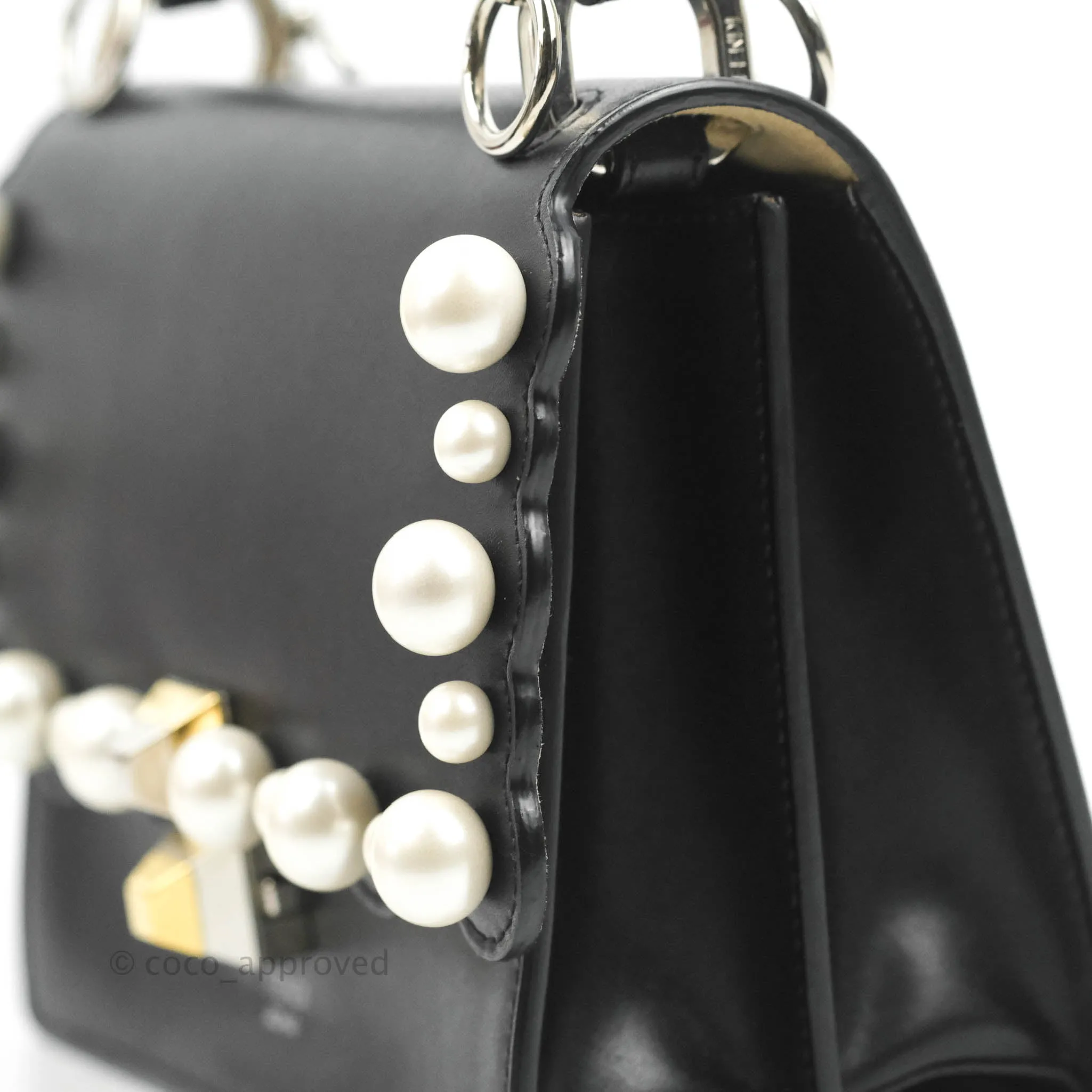 Fendi Scalloped Studded Pearl Small Kan I Shoulder Bag Black Calfskin