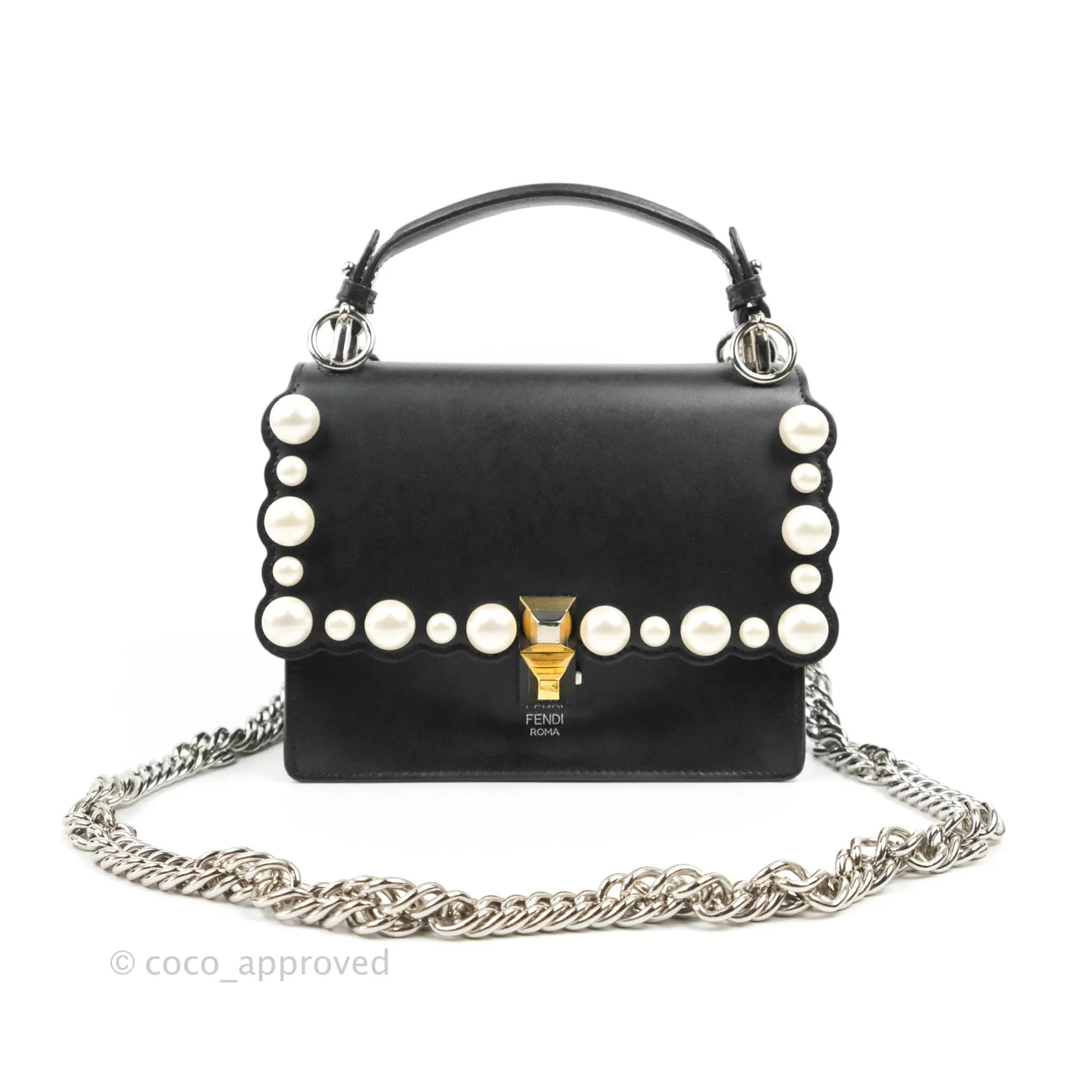 Fendi Scalloped Studded Pearl Small Kan I Shoulder Bag Black Calfskin