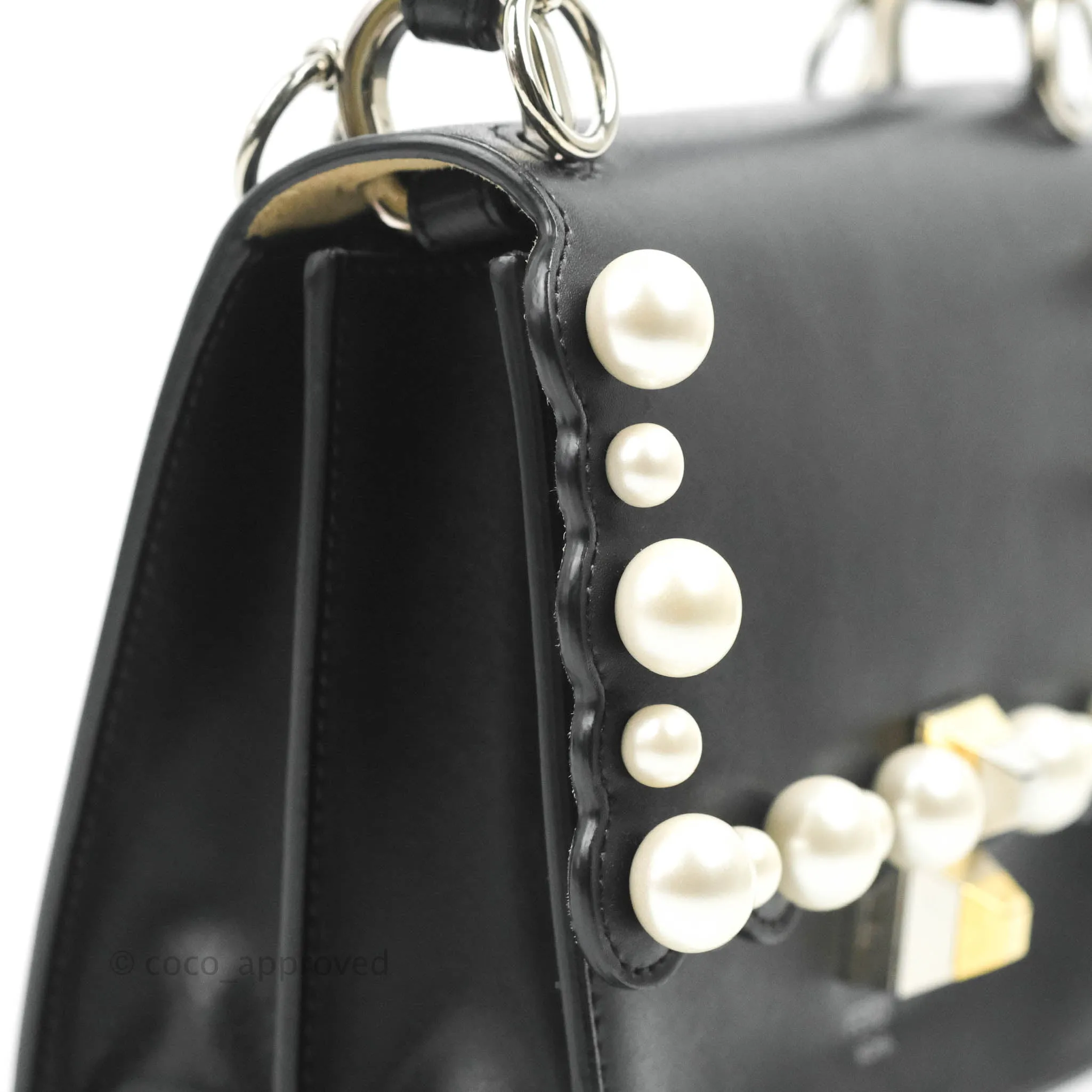Fendi Scalloped Studded Pearl Small Kan I Shoulder Bag Black Calfskin
