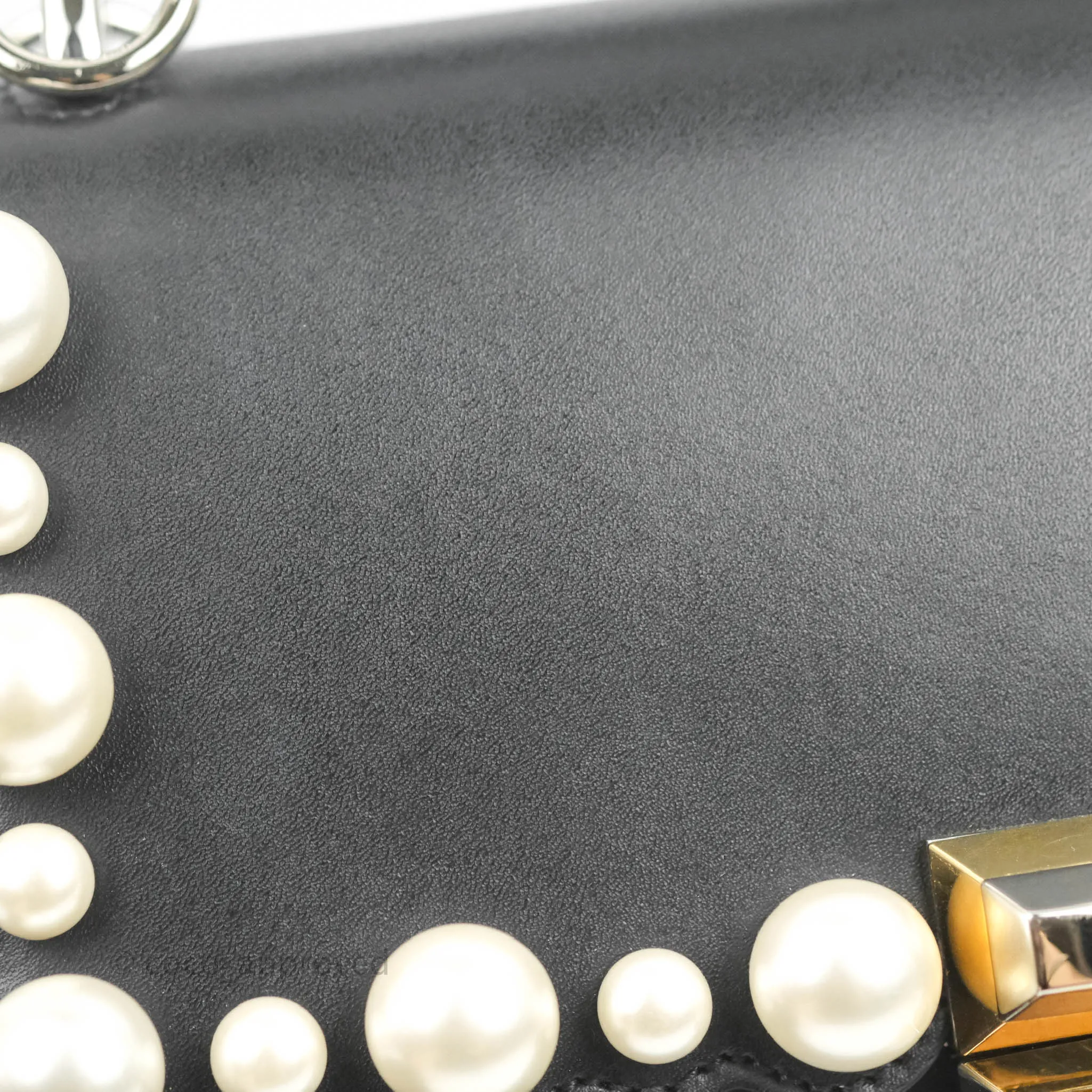 Fendi Scalloped Studded Pearl Small Kan I Shoulder Bag Black Calfskin