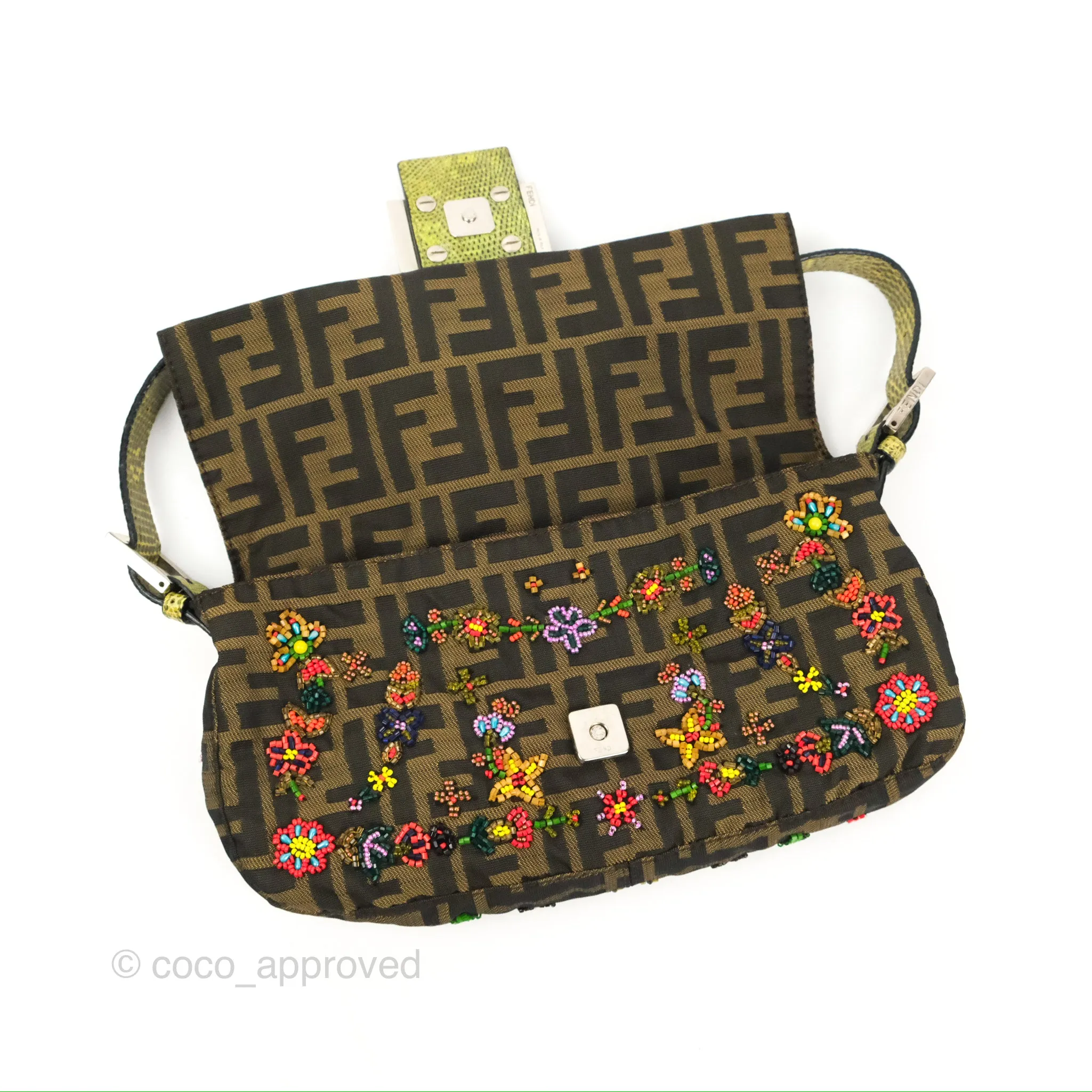 Fendi Vintage Baguette Shoulder Bag Floral Bead-embellished Zucca Canvas