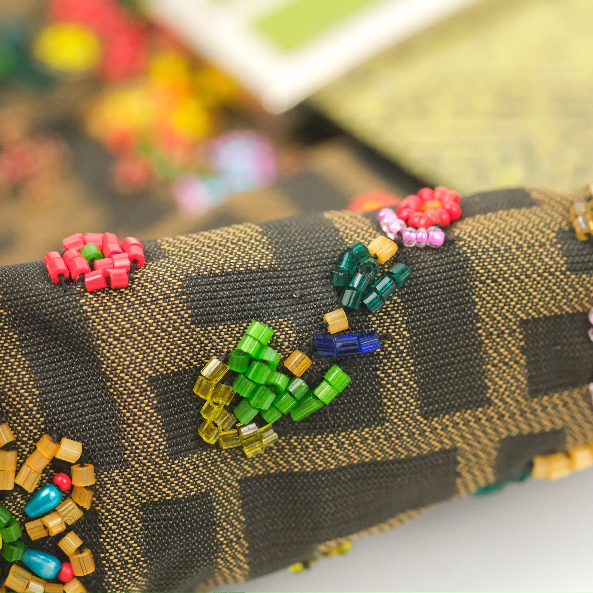 Fendi Vintage Baguette Shoulder Bag Floral Bead-embellished Zucca Canvas