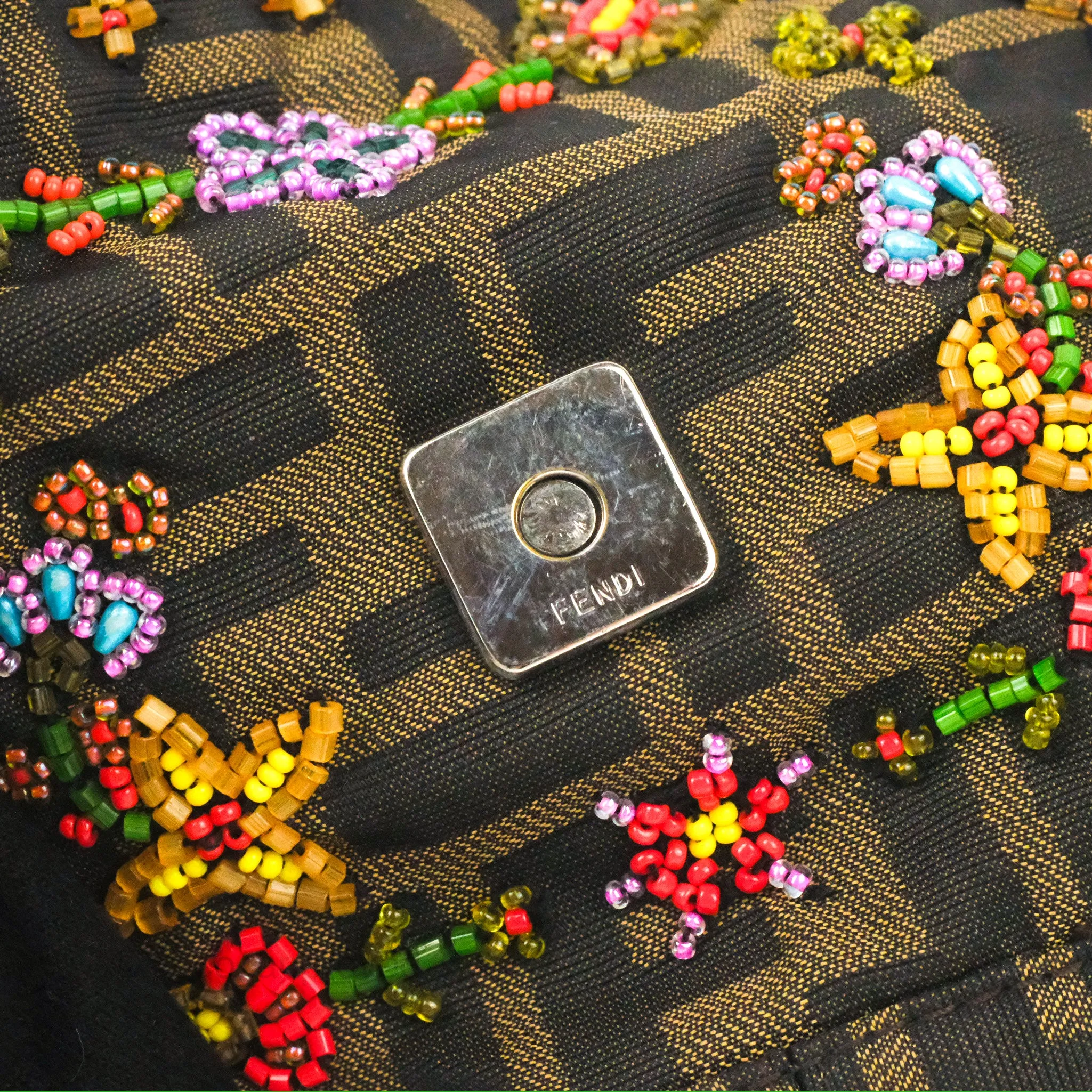 Fendi Vintage Baguette Shoulder Bag Floral Bead-embellished Zucca Canvas