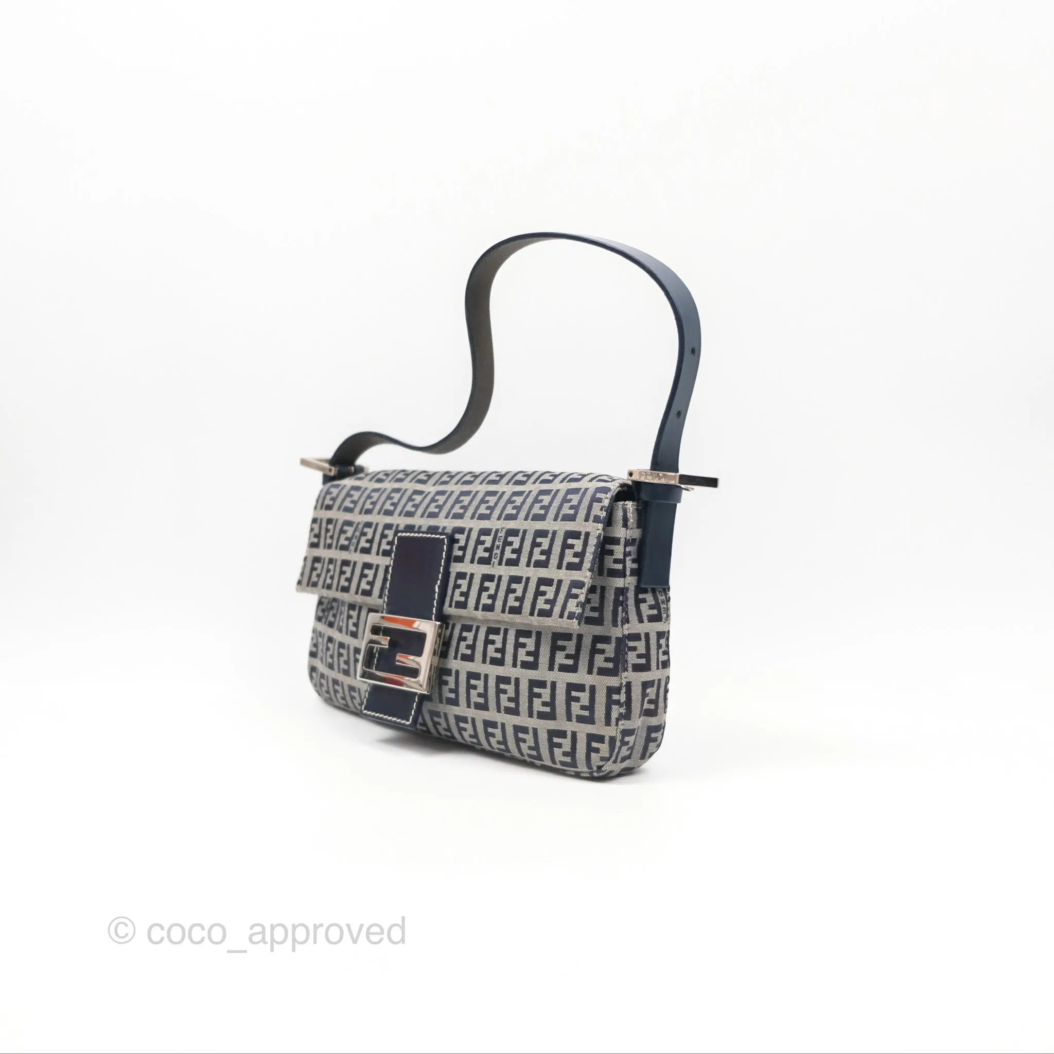 Fendi Vintage Baguette Shoulder Bag Grey/ Navy Canvas