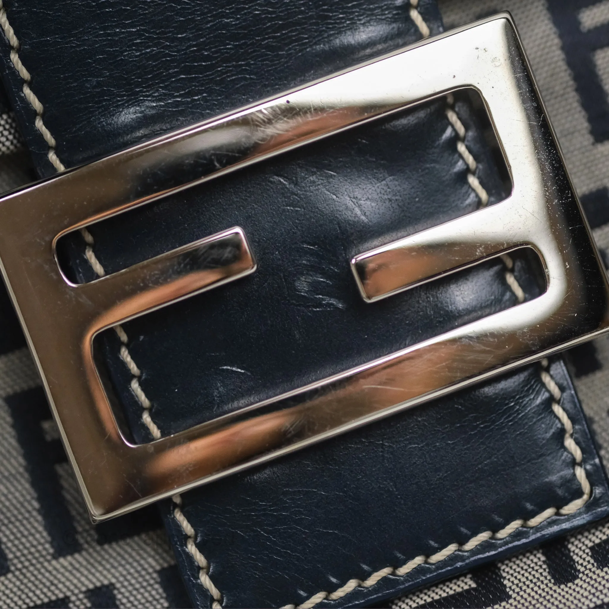 Fendi Vintage Baguette Shoulder Bag Grey/ Navy Canvas