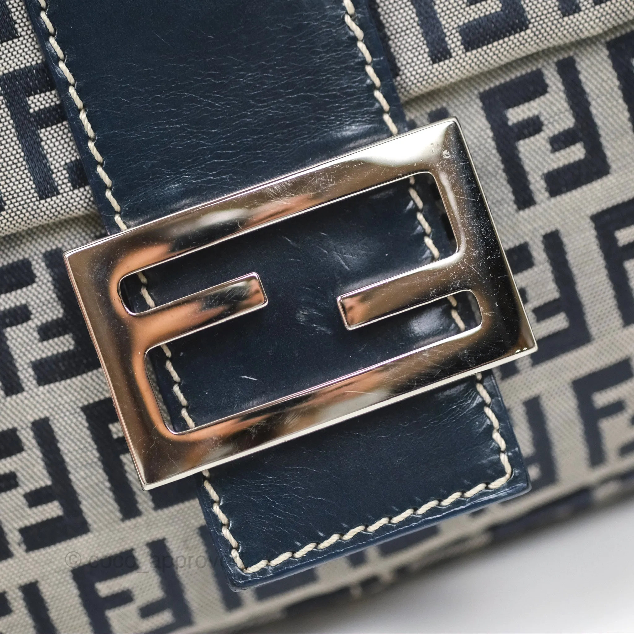 Fendi Vintage Baguette Shoulder Bag Grey/ Navy Canvas