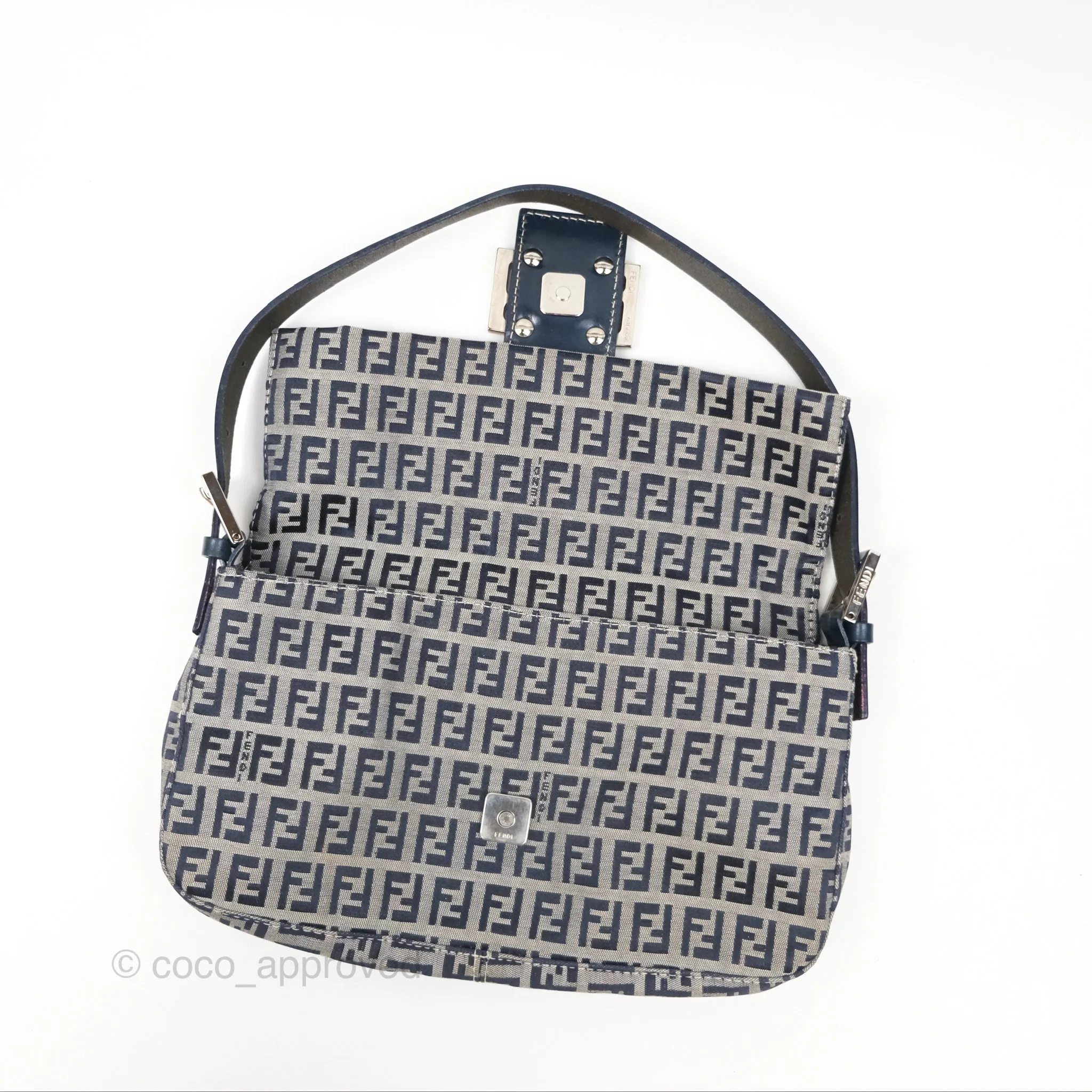 Fendi Vintage Baguette Shoulder Bag Grey/ Navy Canvas