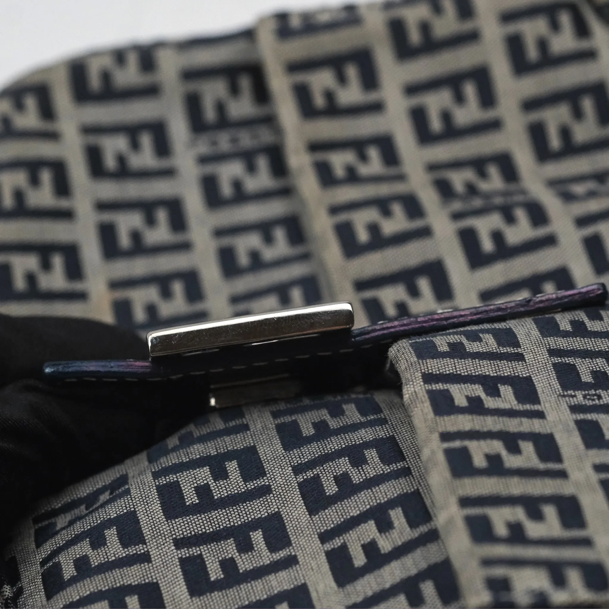 Fendi Vintage Baguette Shoulder Bag Grey/ Navy Canvas