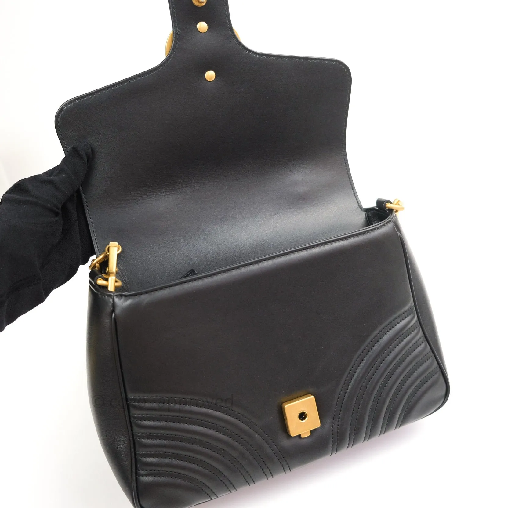 Gucci Calfskin Matelasse Small GG Marmont Top Handle Bag Black