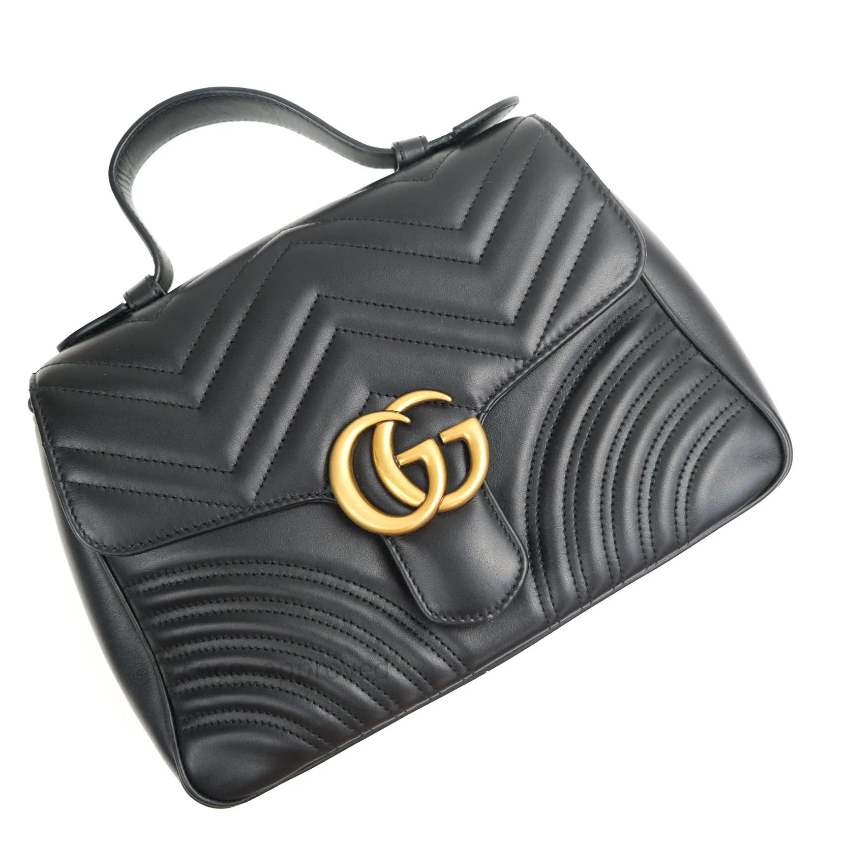 Gucci Calfskin Matelasse Small GG Marmont Top Handle Bag Black