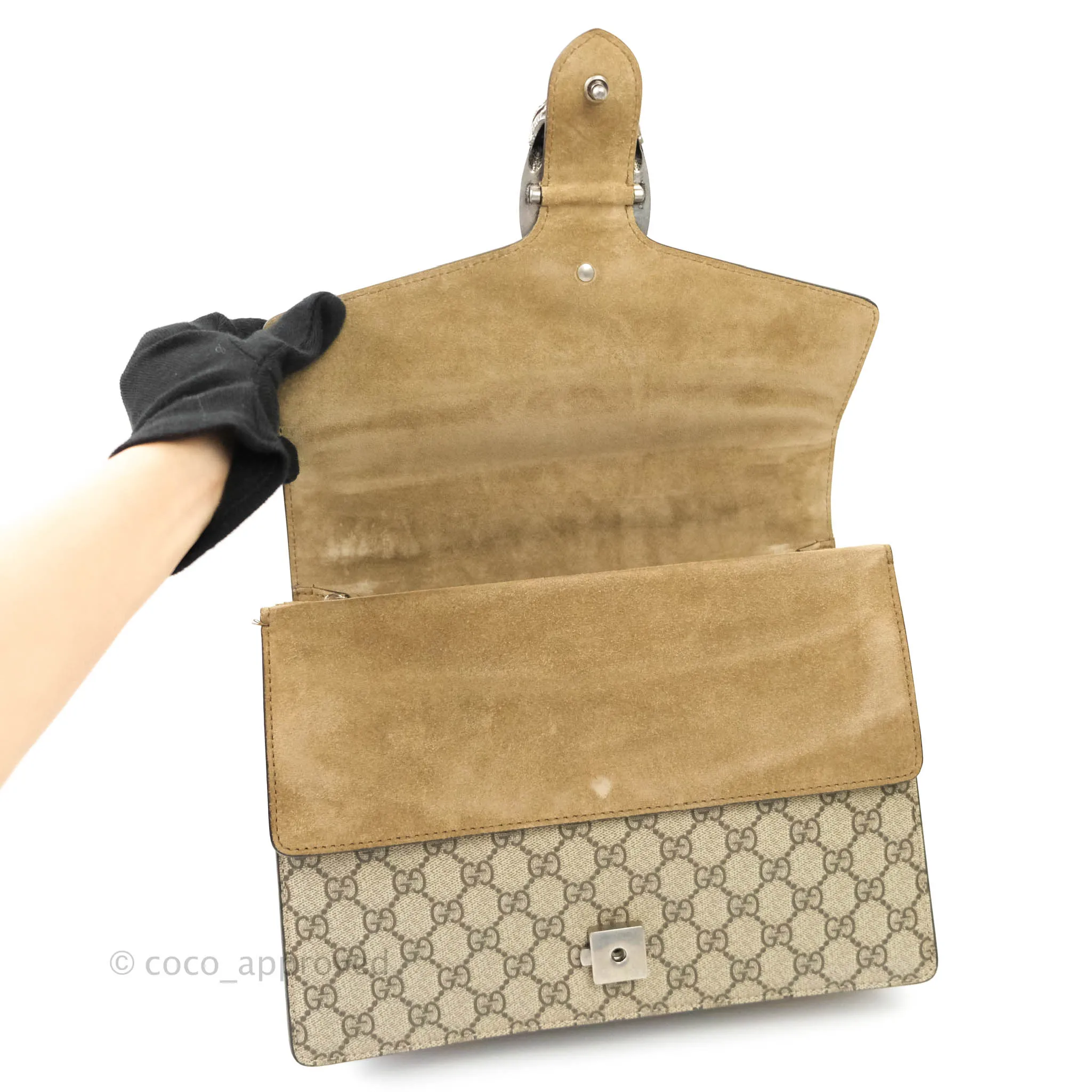 Gucci Dionysus Medium GG Supreme Canvas Suede Shoulder Bag Antique Silver Hardware