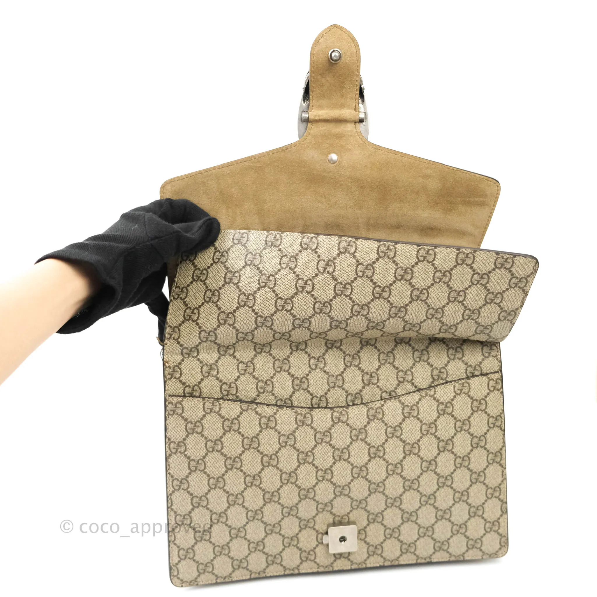 Gucci Dionysus Medium GG Supreme Canvas Suede Shoulder Bag Antique Silver Hardware