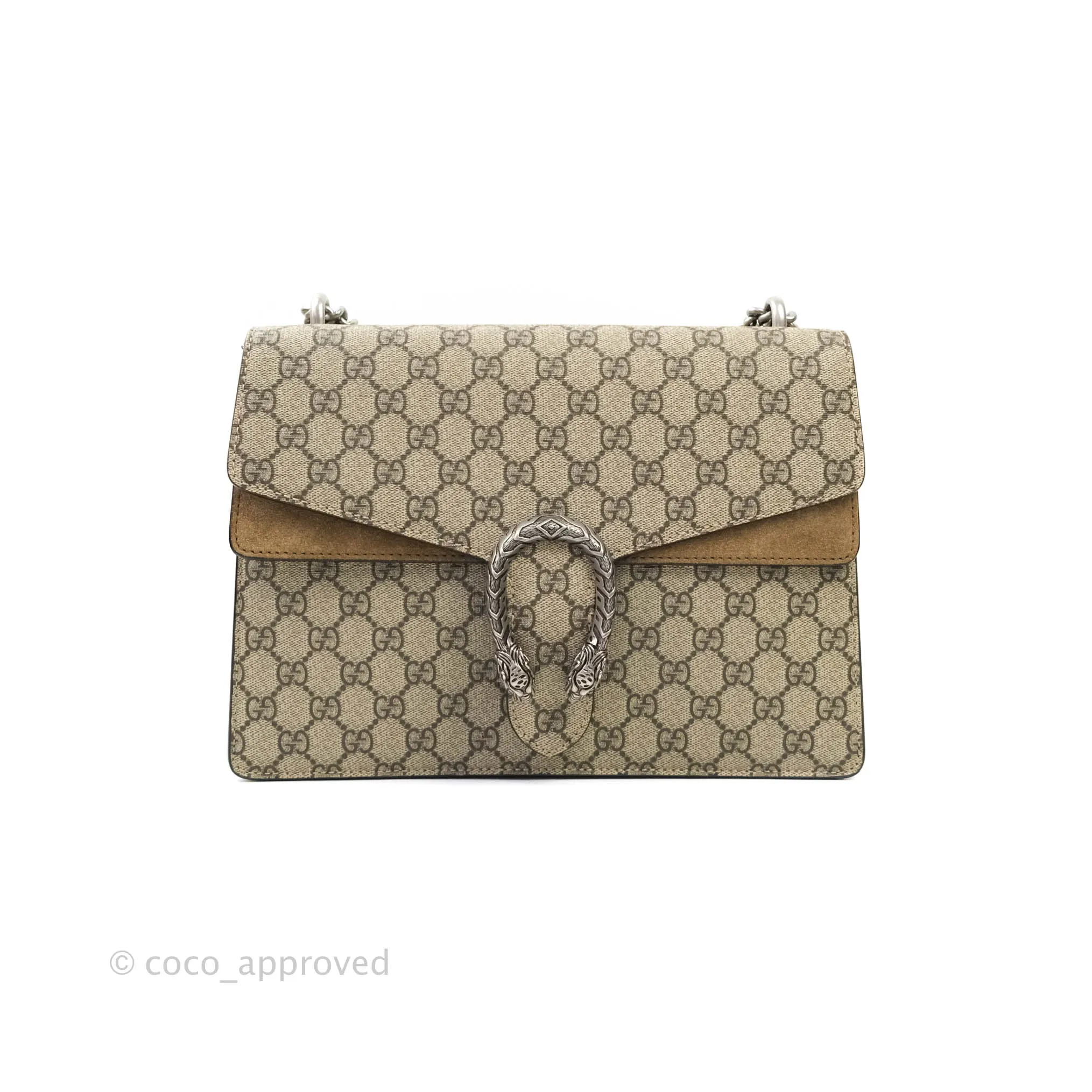 Gucci Dionysus Medium GG Supreme Canvas Suede Shoulder Bag Antique Silver Hardware