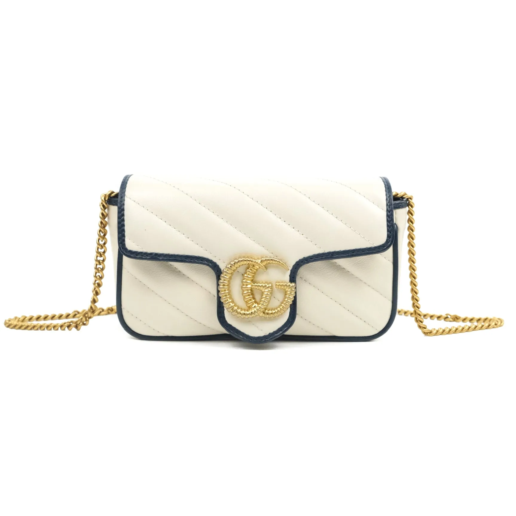 Gucci GG Marmont Matelass Leather Super Mini Bag Navy White