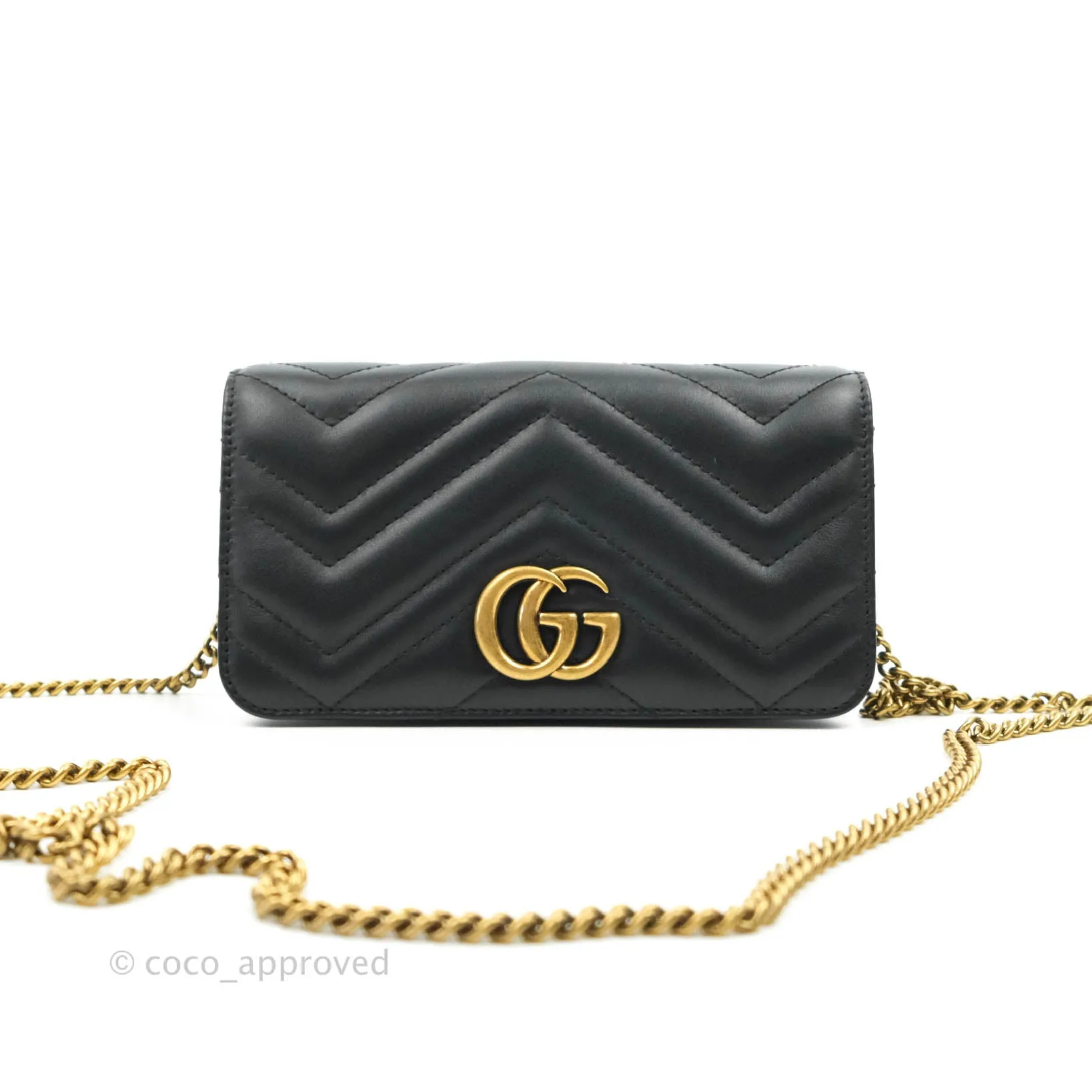 Gucci Matelasse GG Marmont Mini Chain Flap Bag Black Calfskin Gold Hardware
