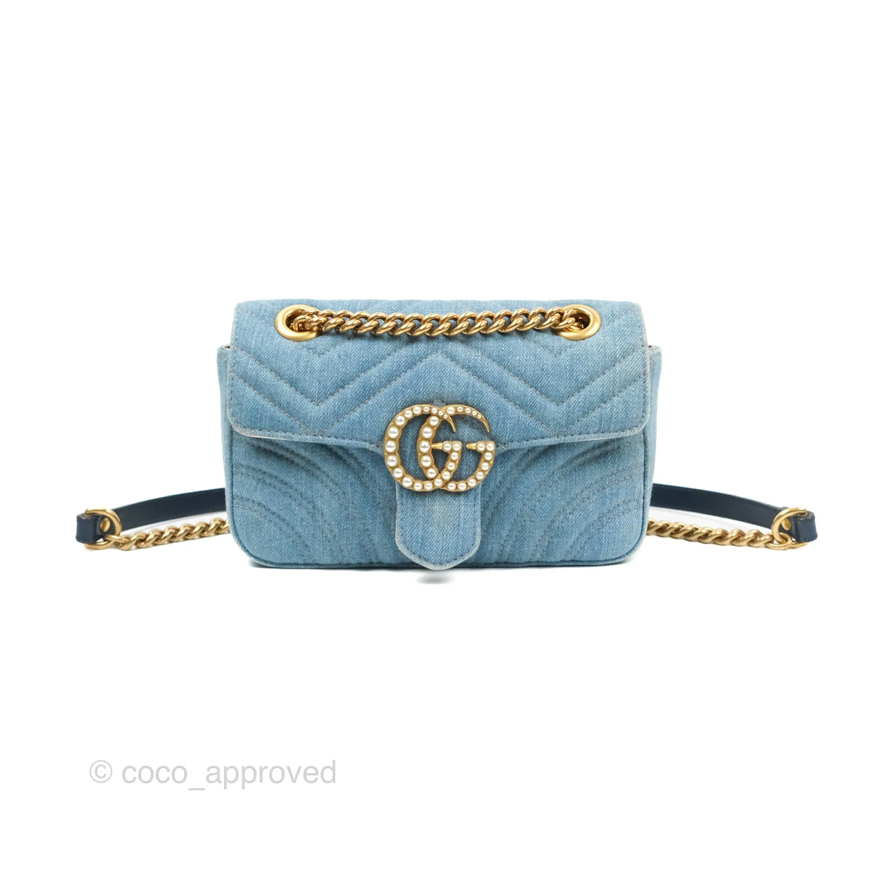 Gucci Mini Marmont Denim Pearl Gold Hardware