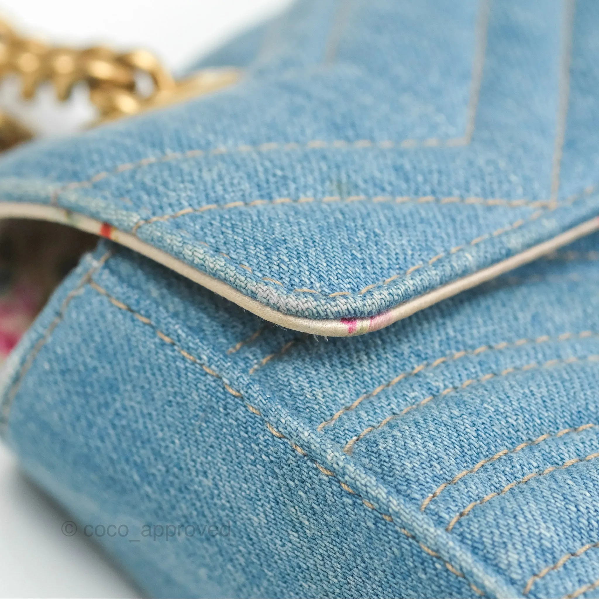 Gucci Mini Marmont Denim Pearl Gold Hardware