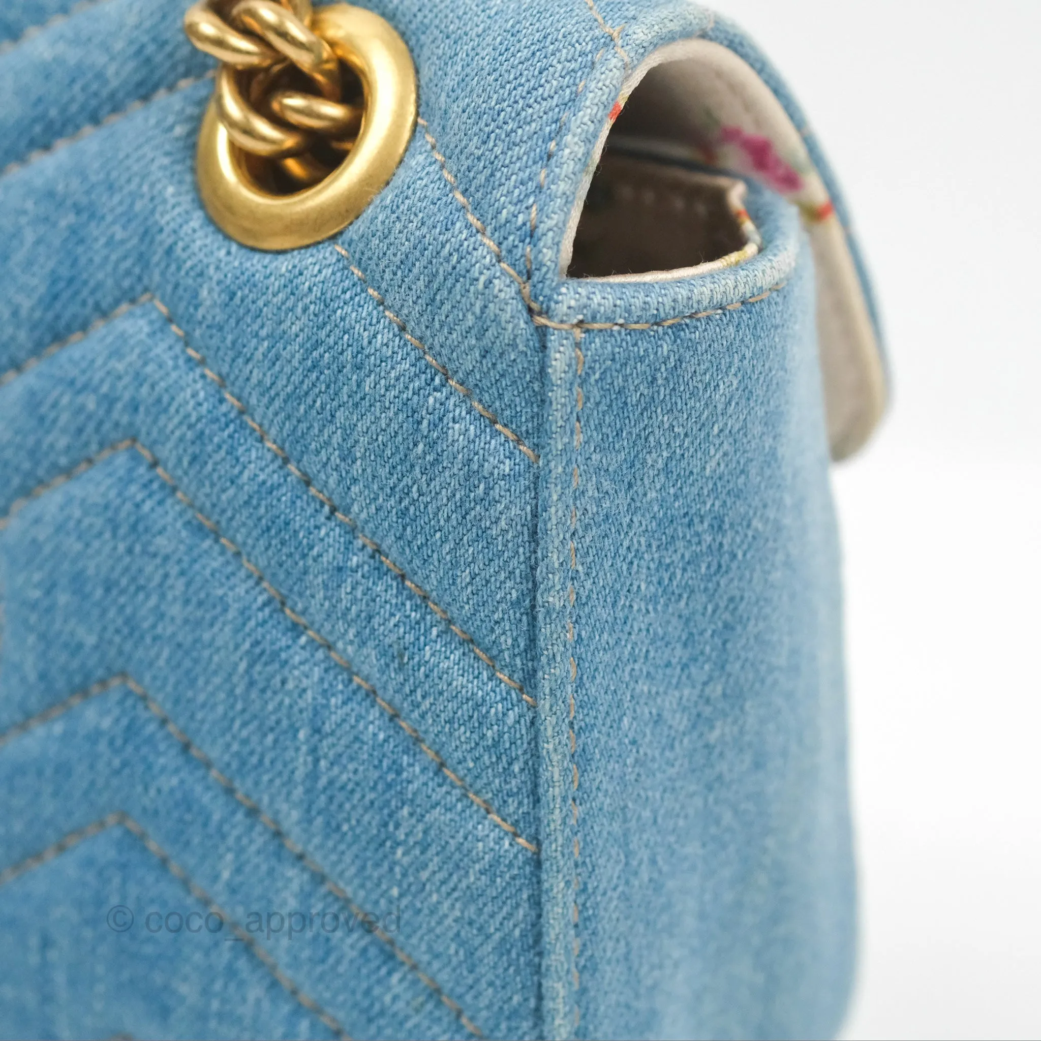 Gucci Mini Marmont Denim Pearl Gold Hardware