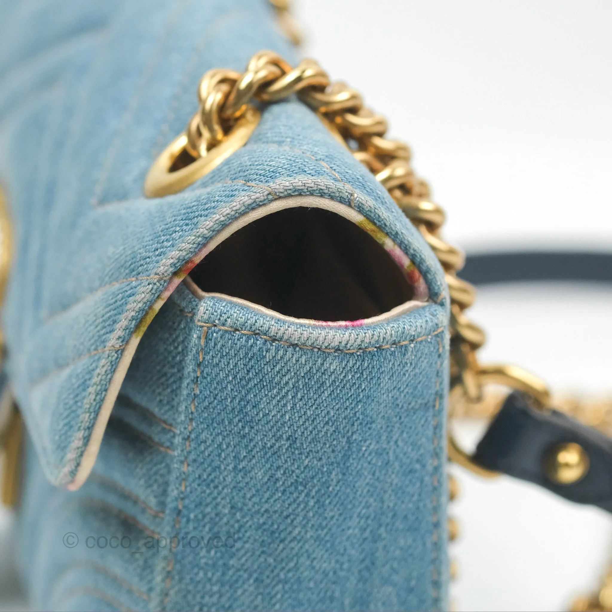 Gucci Mini Marmont Denim Pearl Gold Hardware