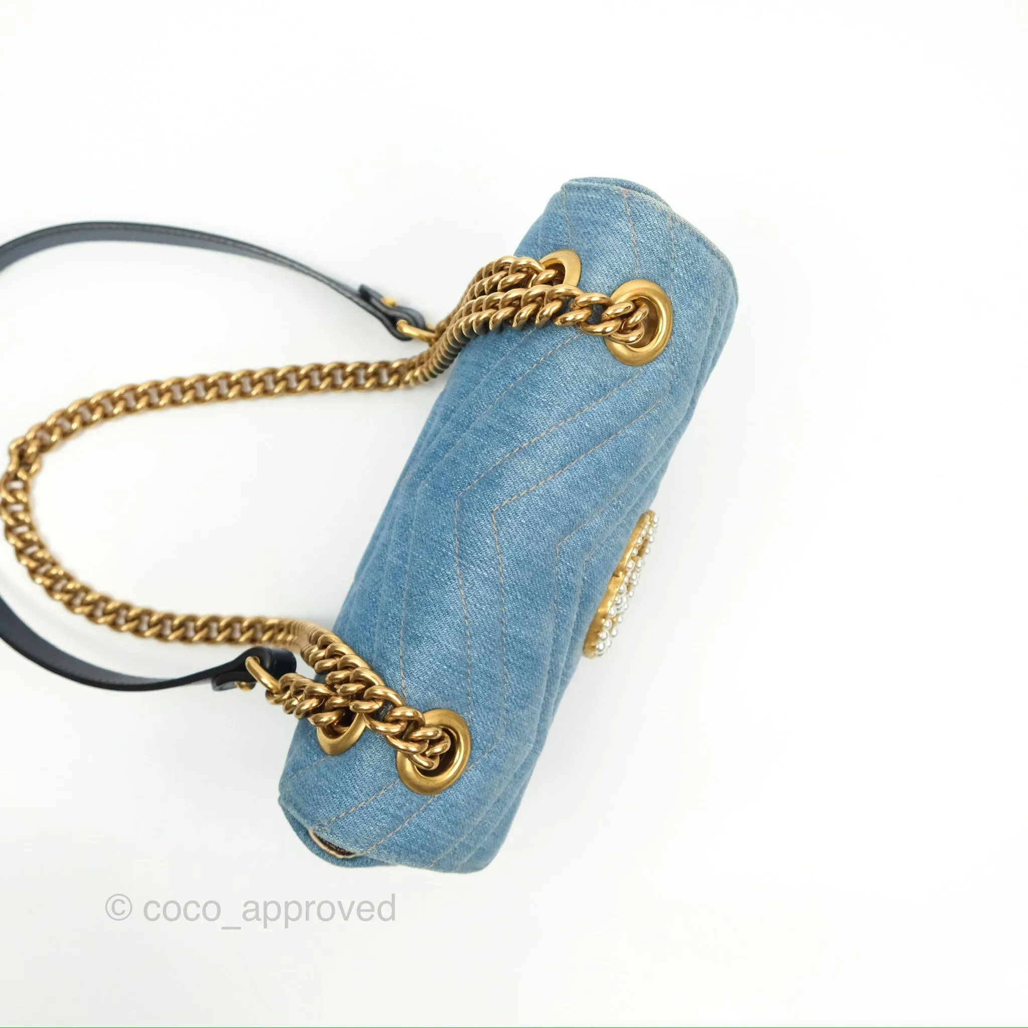 Gucci Mini Marmont Denim Pearl Gold Hardware