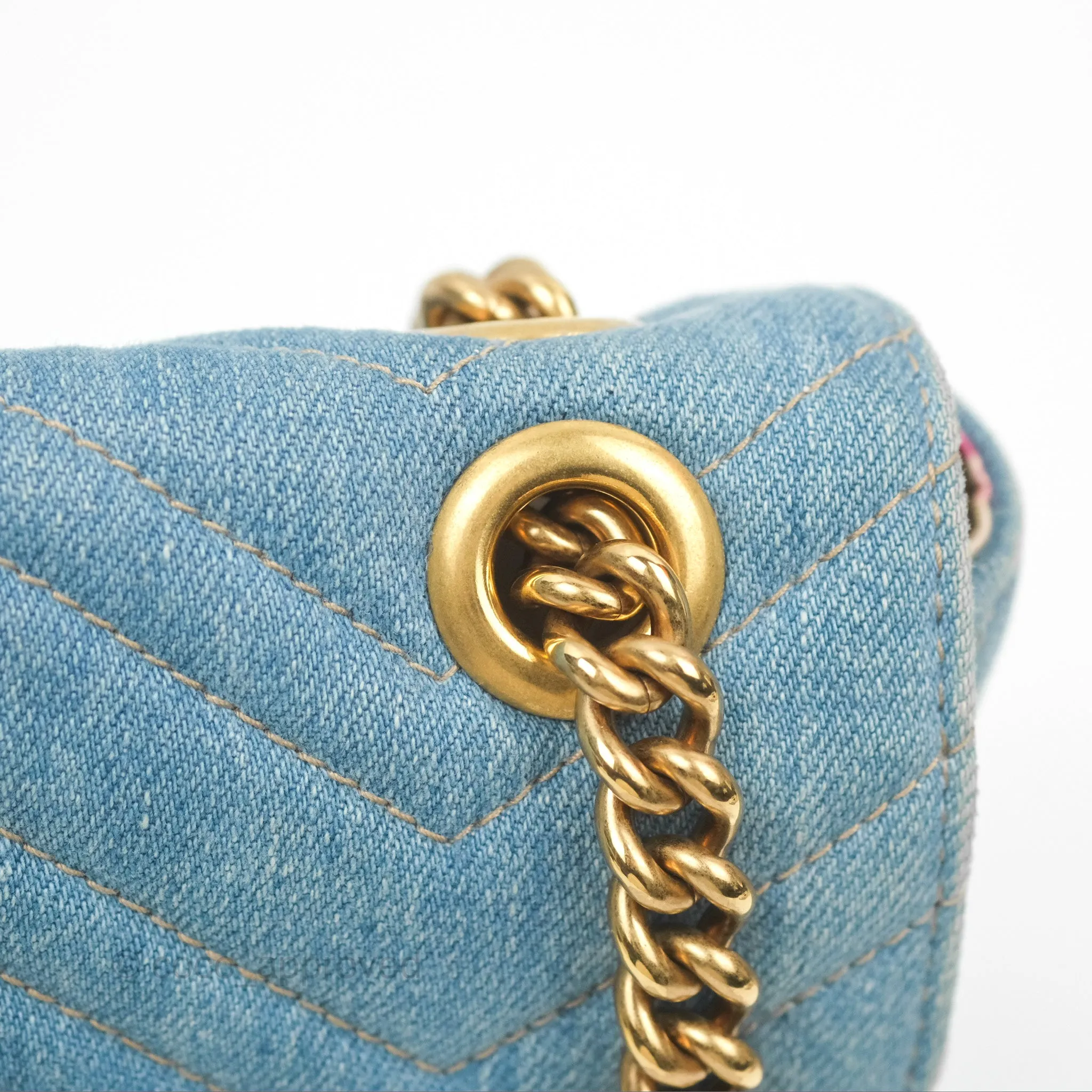 Gucci Mini Marmont Denim Pearl Gold Hardware