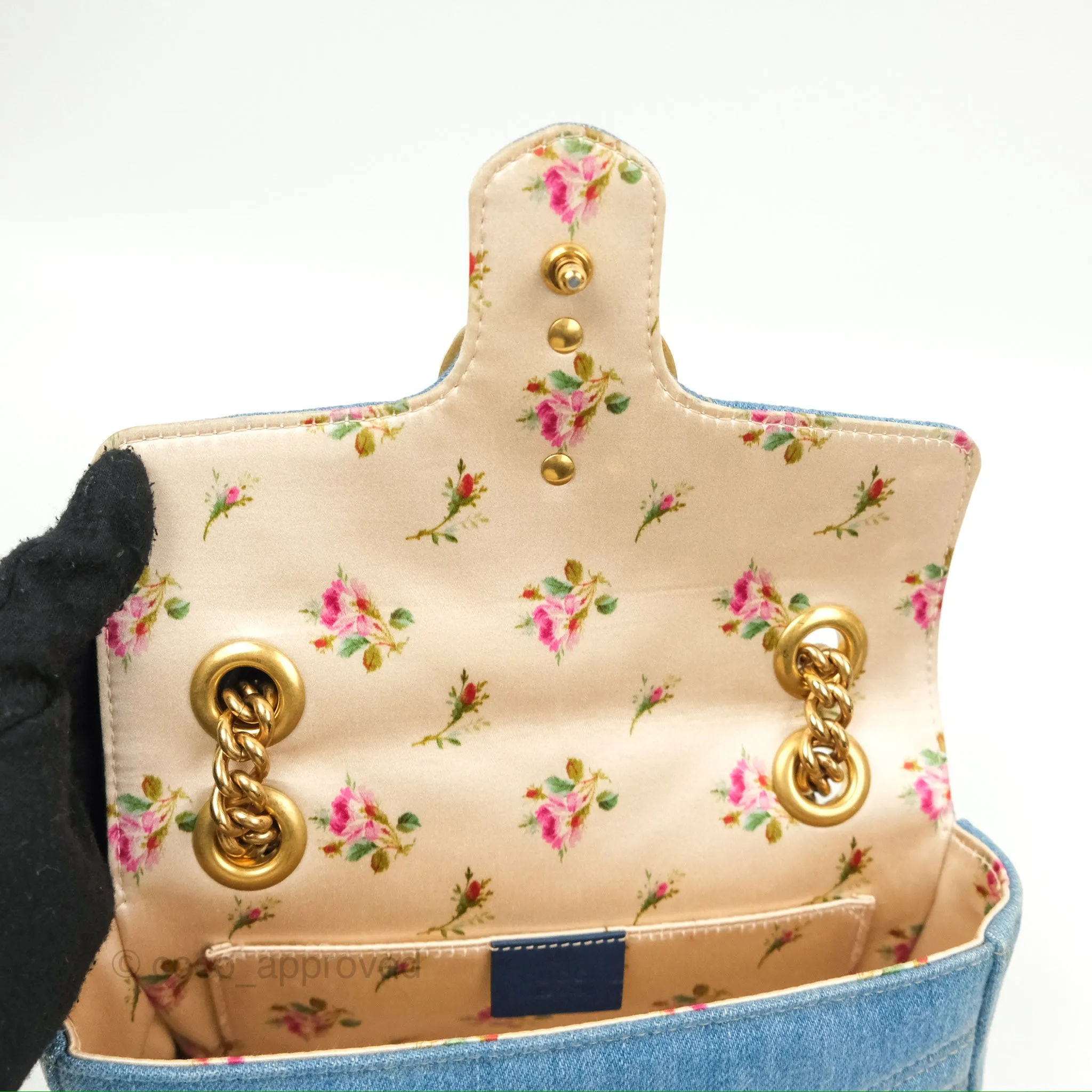 Gucci Mini Marmont Denim Pearl Gold Hardware