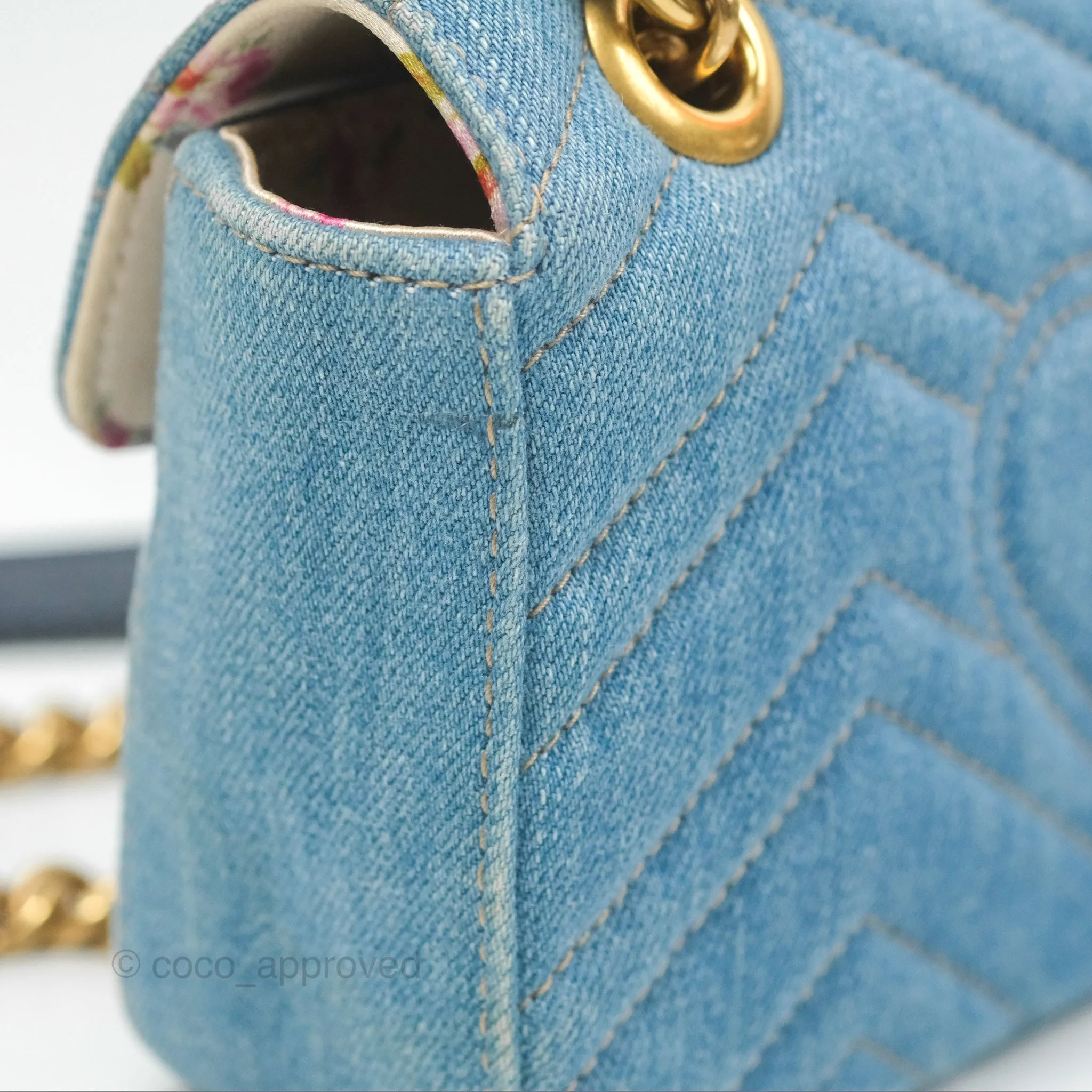 Gucci Mini Marmont Denim Pearl Gold Hardware