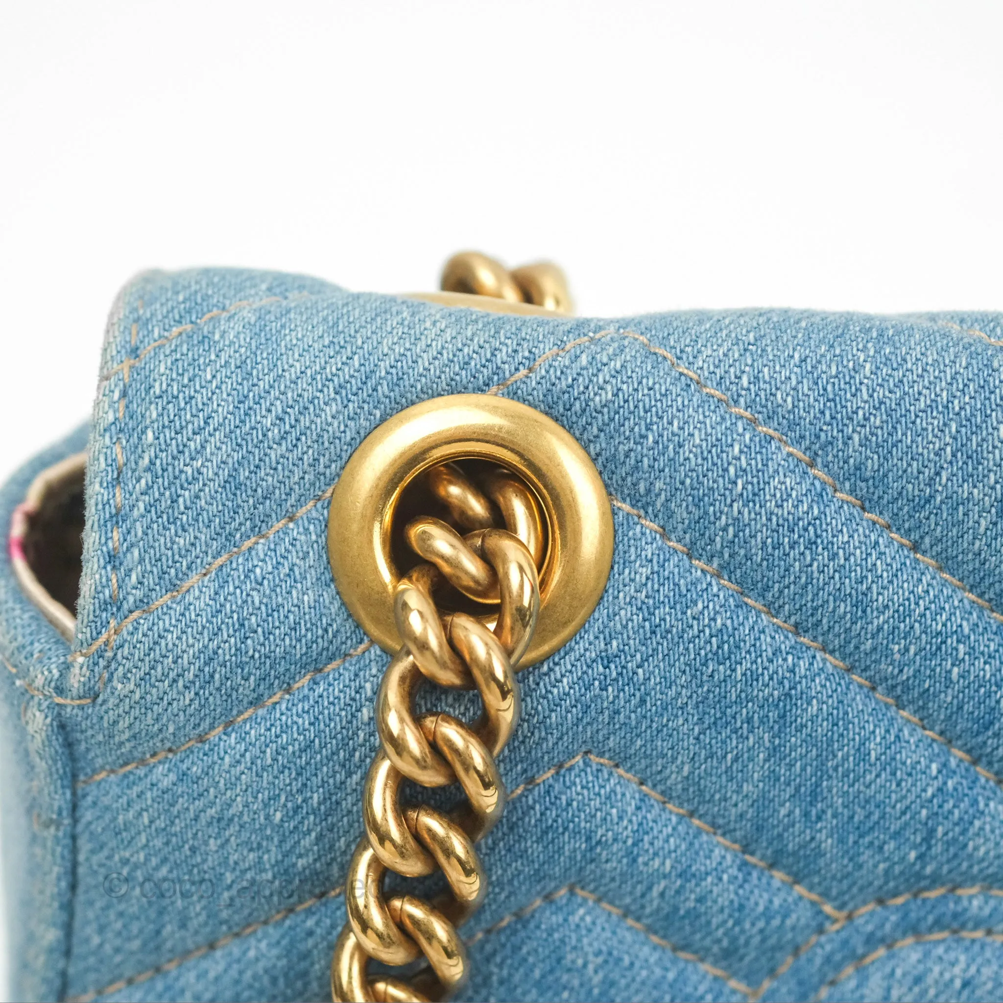 Gucci Mini Marmont Denim Pearl Gold Hardware