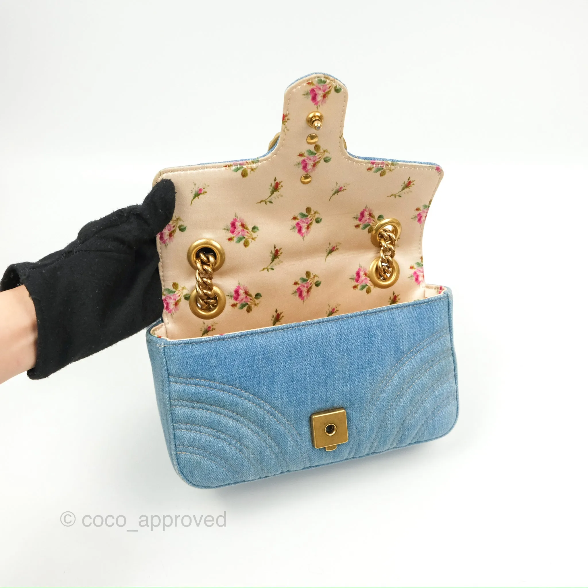 Gucci Mini Marmont Denim Pearl Gold Hardware
