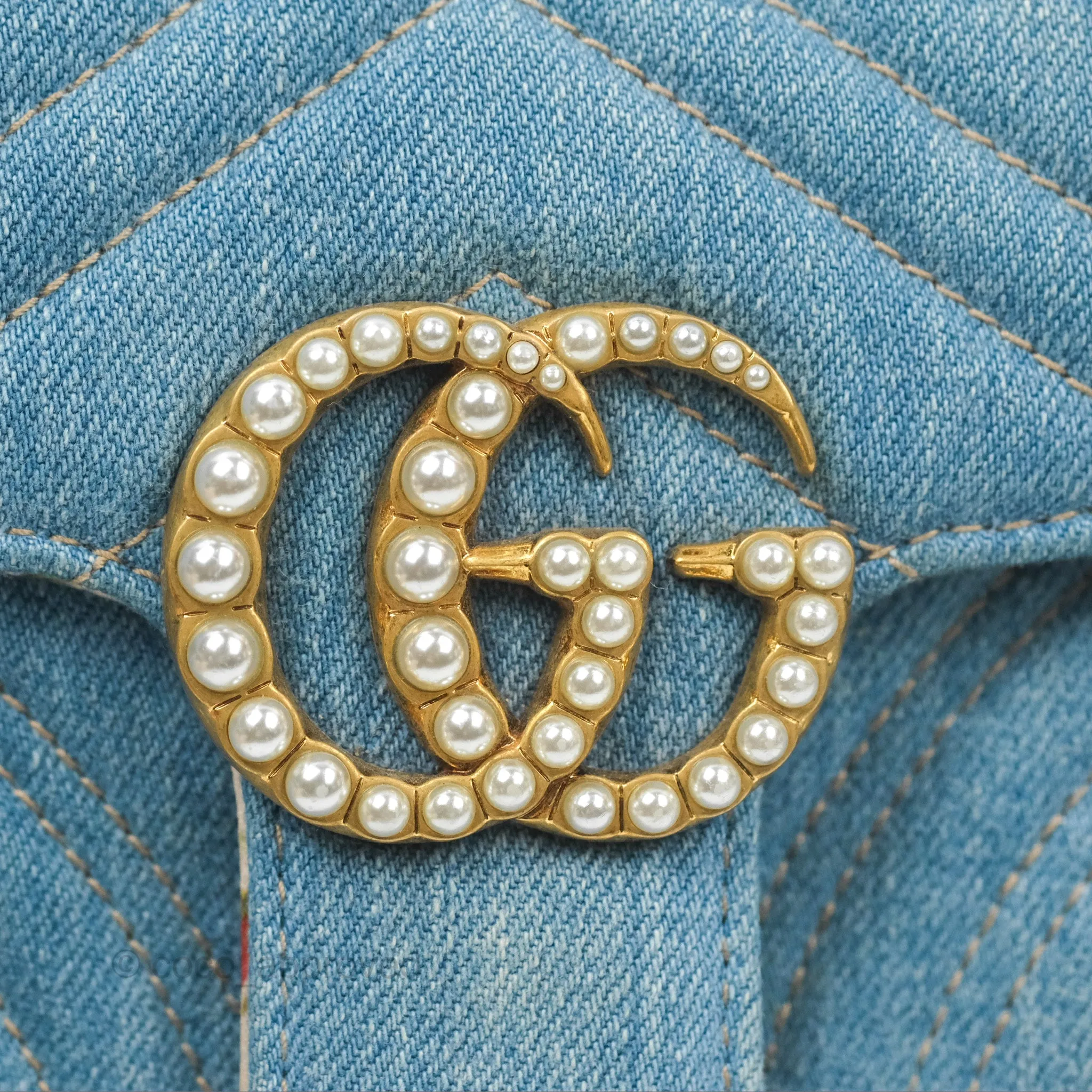 Gucci Mini Marmont Denim Pearl Gold Hardware