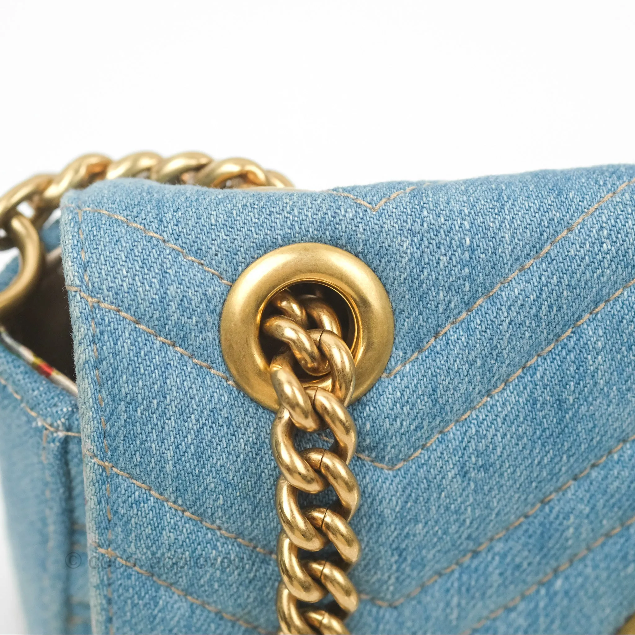 Gucci Mini Marmont Denim Pearl Gold Hardware