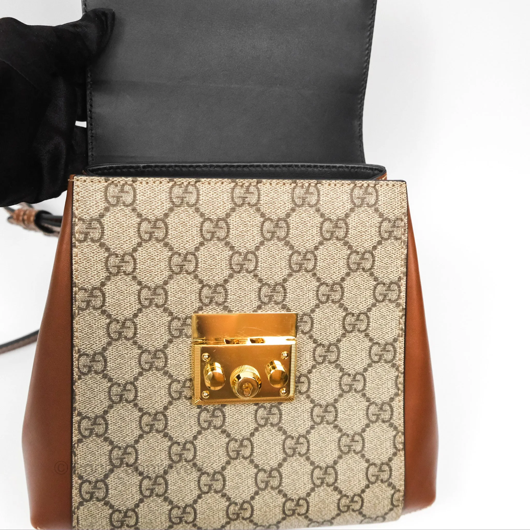 Gucci Mini Padlock Backpack GG Coated Canvas Black/Brown Leather