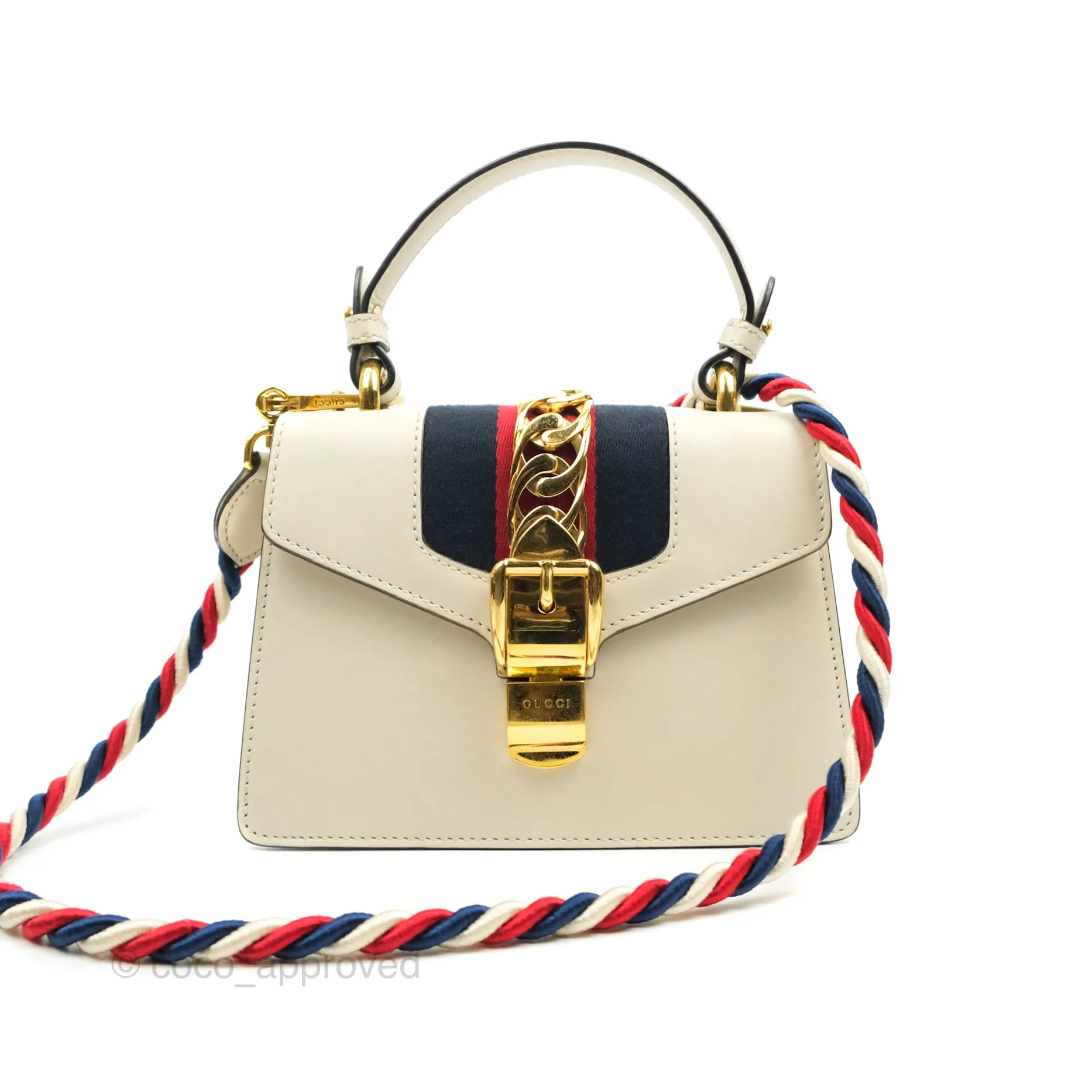 Gucci Mini Sylvie Top Handle White Calfskin Shoulder Bag With Strap