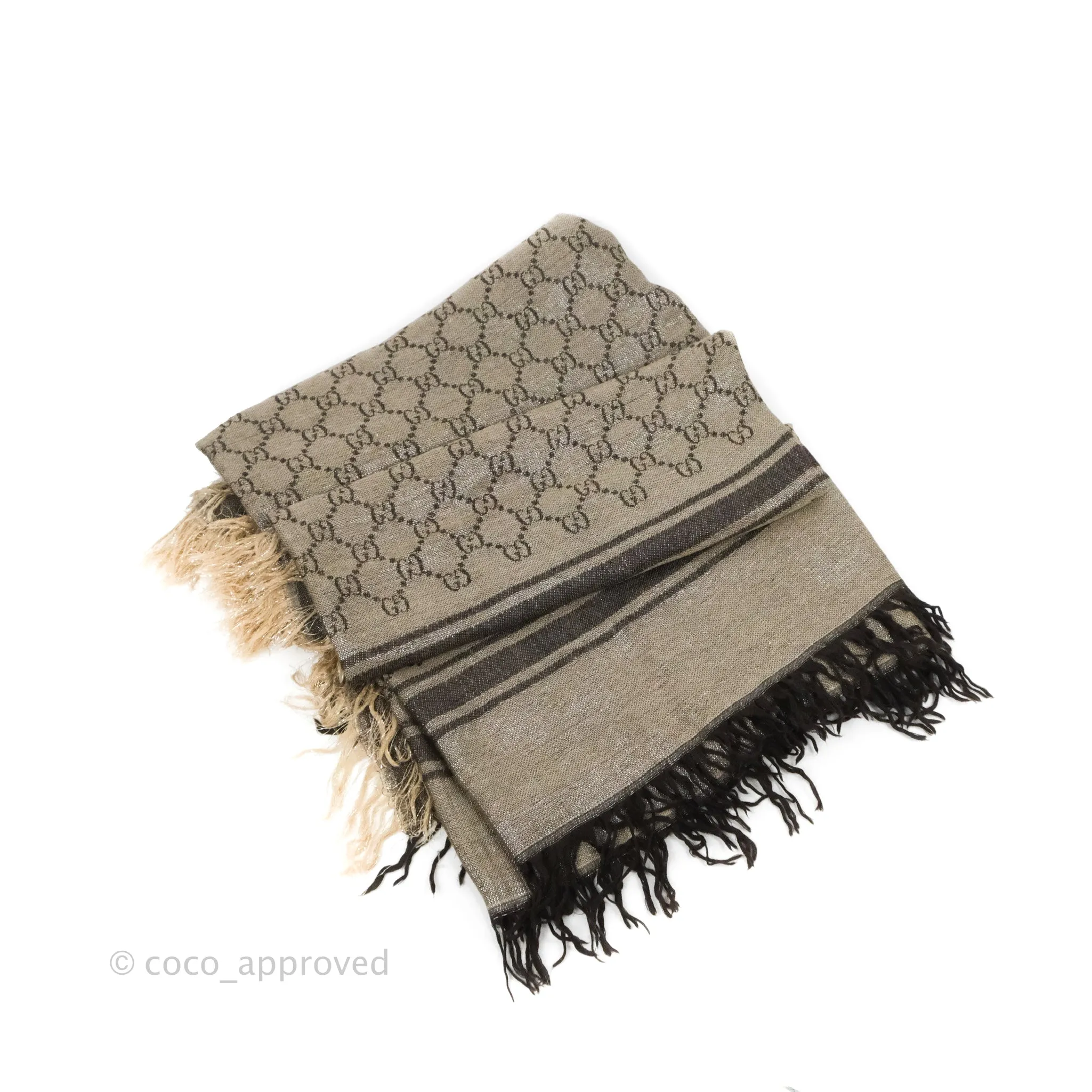 Gucci Wool Silk Monogram Fringe Scarf Brown