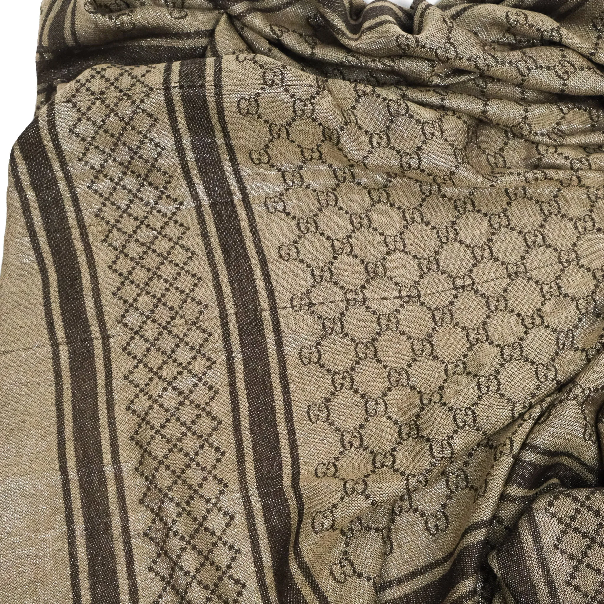 Gucci Wool Silk Monogram Fringe Scarf Brown