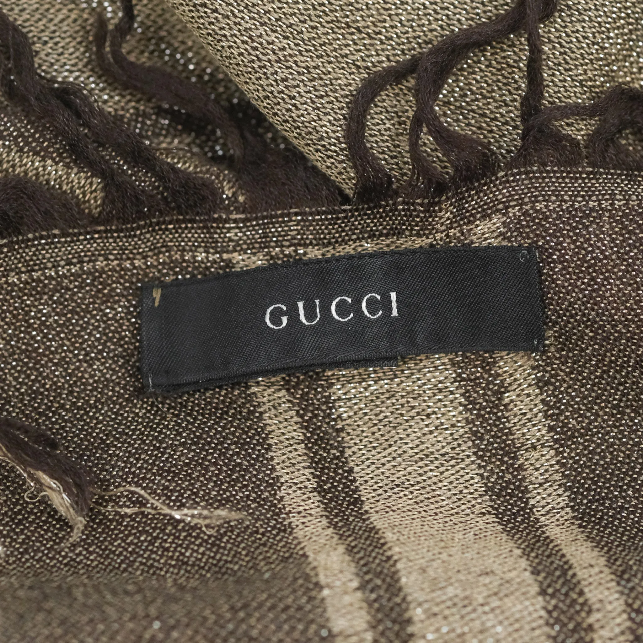 Gucci Wool Silk Monogram Fringe Scarf Brown