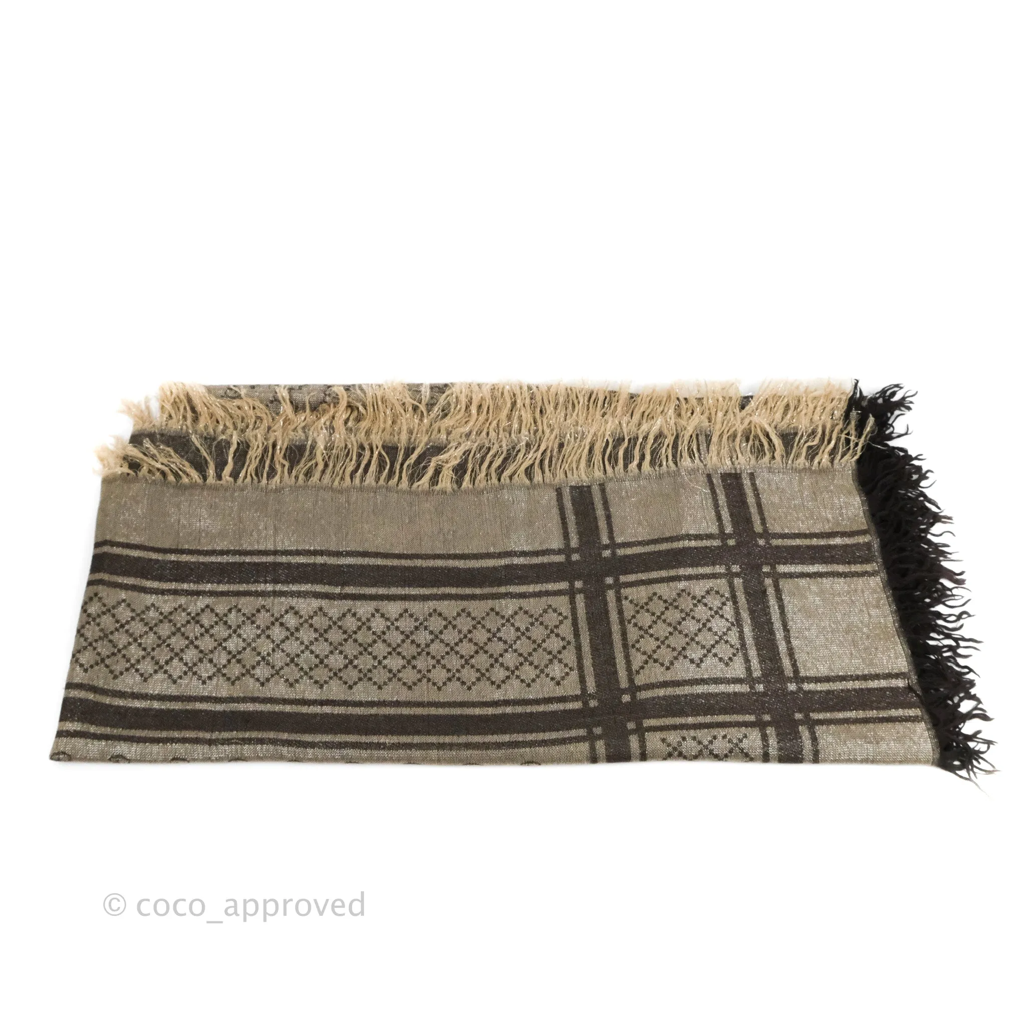 Gucci Wool Silk Monogram Fringe Scarf Brown