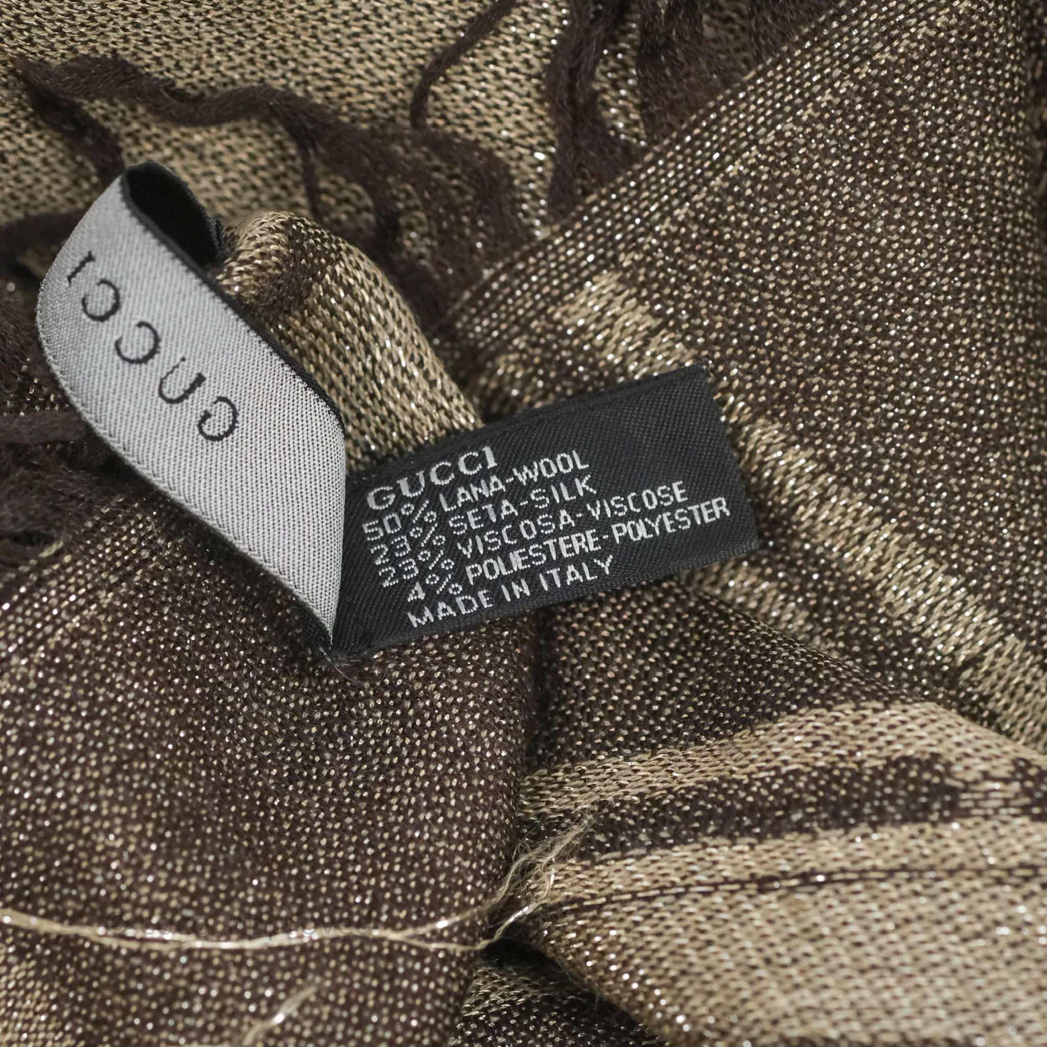 Gucci Wool Silk Monogram Fringe Scarf Brown