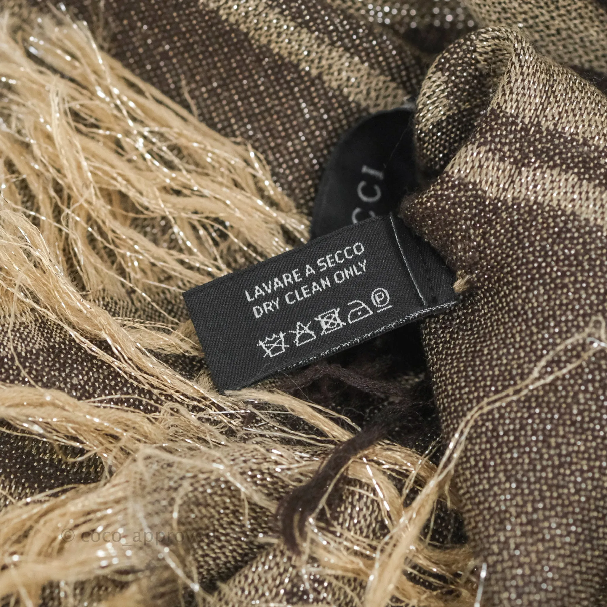 Gucci Wool Silk Monogram Fringe Scarf Brown