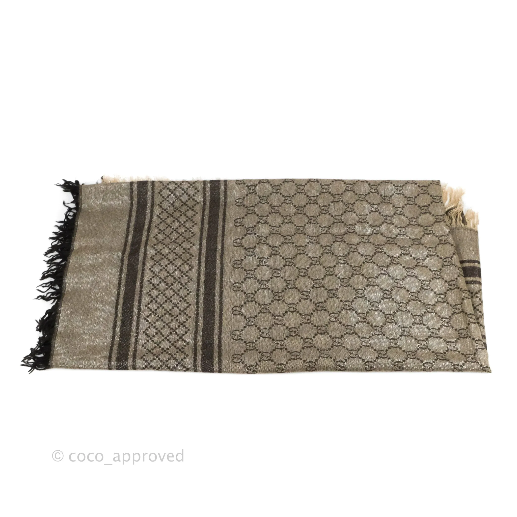 Gucci Wool Silk Monogram Fringe Scarf Brown
