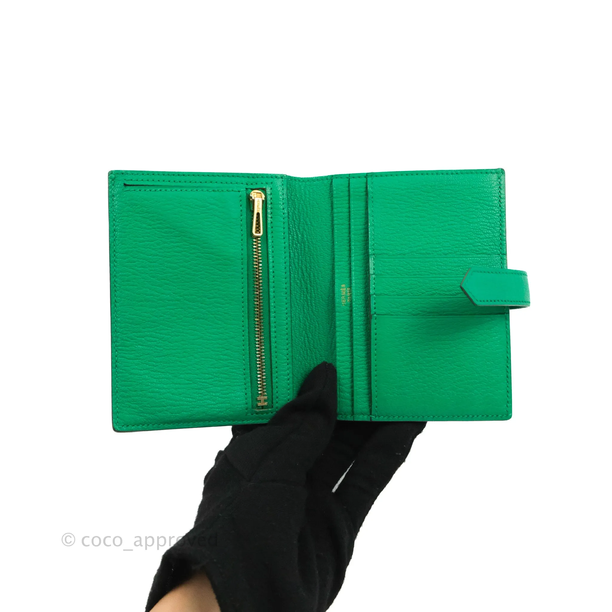 Hermes Bearn Wallet Green Chevre Mysore Gold Hardware