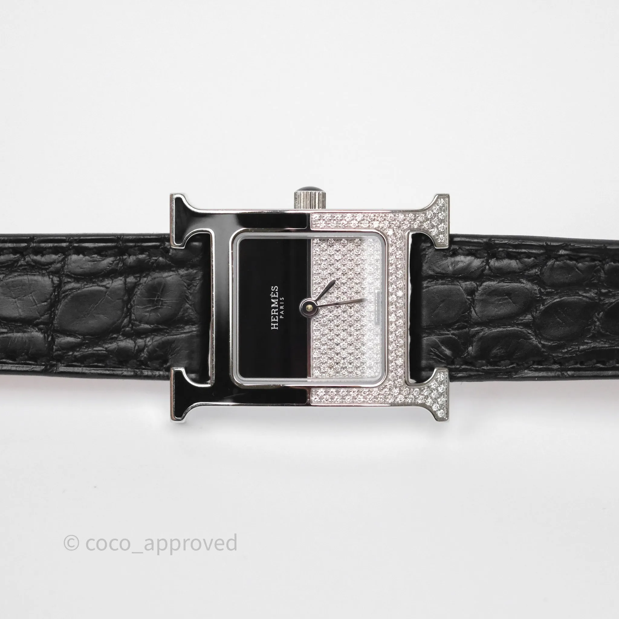 Hermes Heure H Double Jeu Watch Small Model 25mm Black Croc Strap