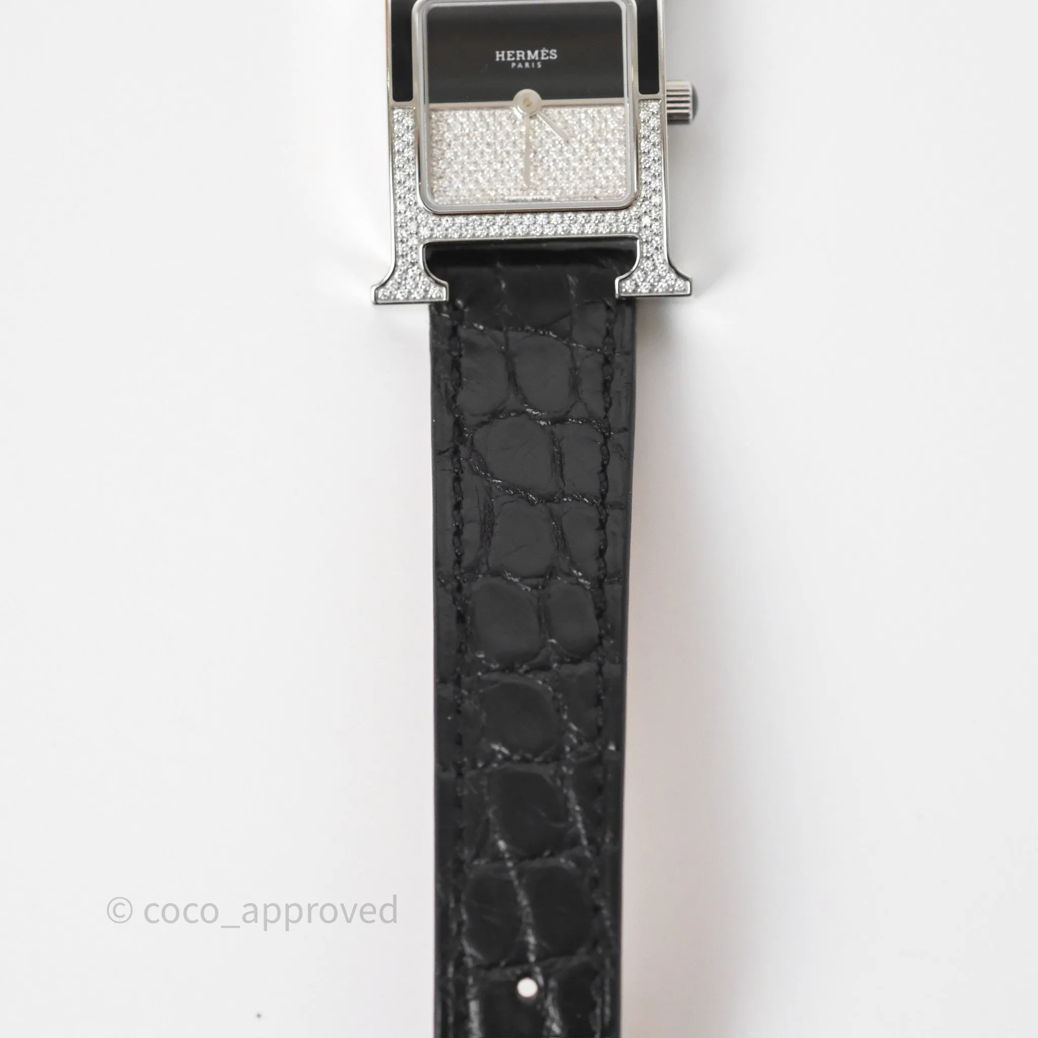 Hermes Heure H Double Jeu Watch Small Model 25mm Black Croc Strap