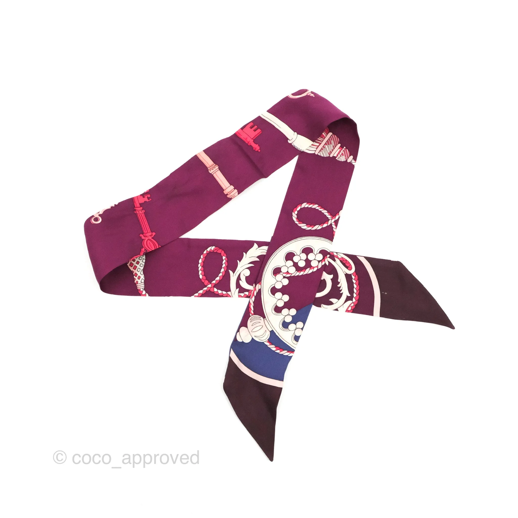 Hermes Les Cles Silk Twilly Bordeaux