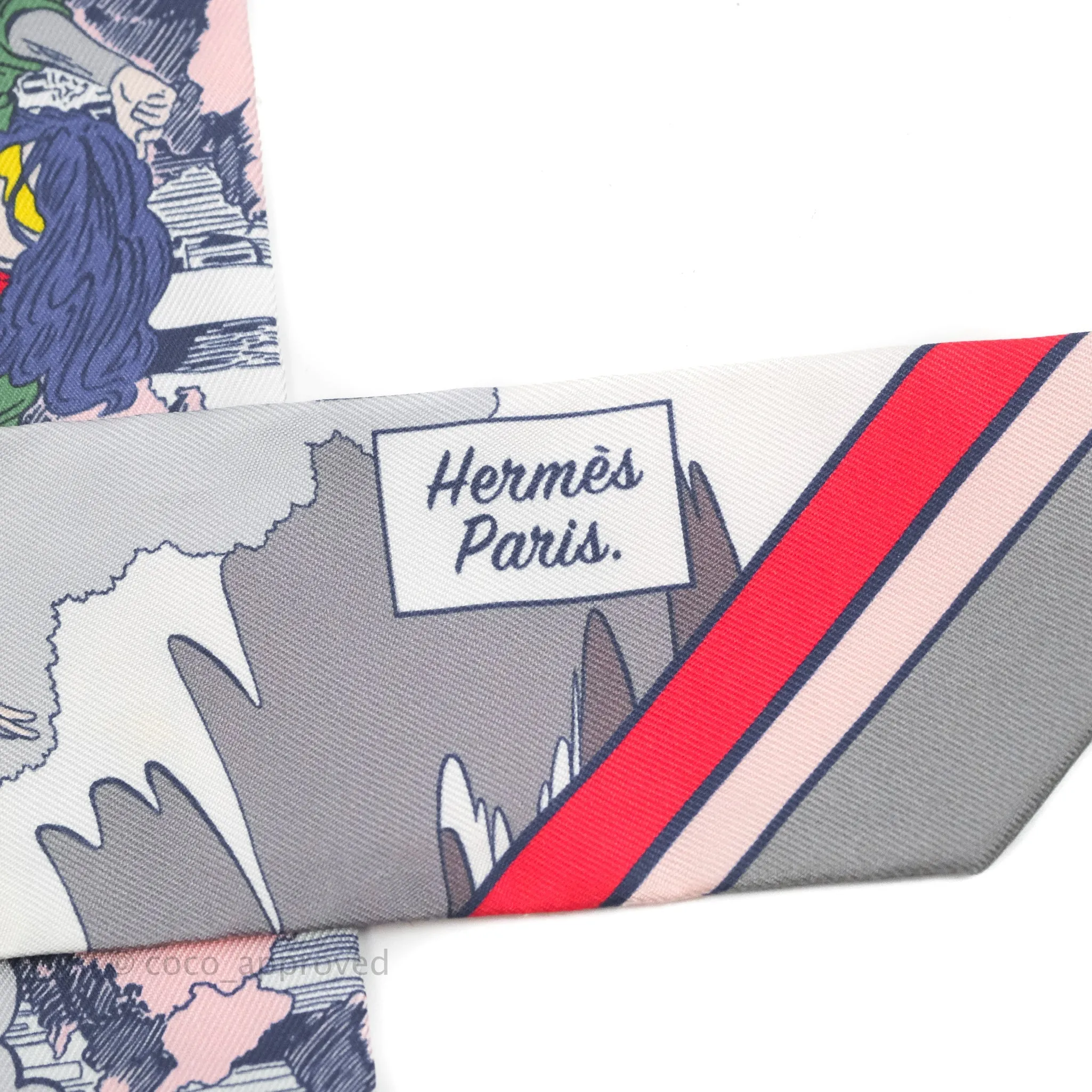 Hermes Silk Wow Twilly Gris / Rose / Vert