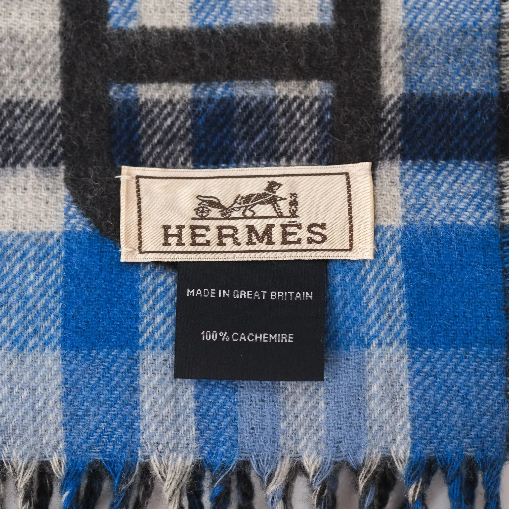 Hermes Tartan Maillons Cashmere Muffler Anthracite / Bleu
