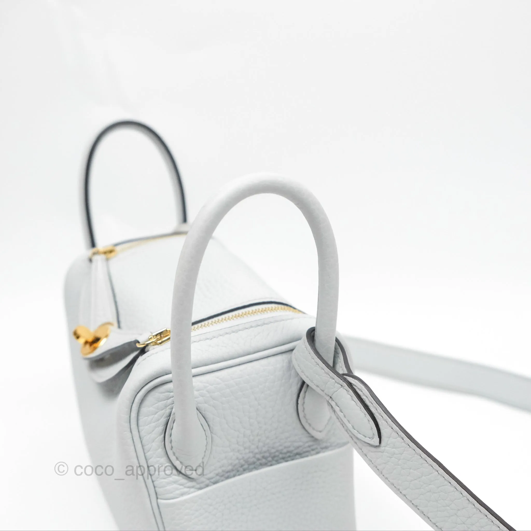 Herms Mini Lindy 20 Bleu Pale Clemence Gold Hardware